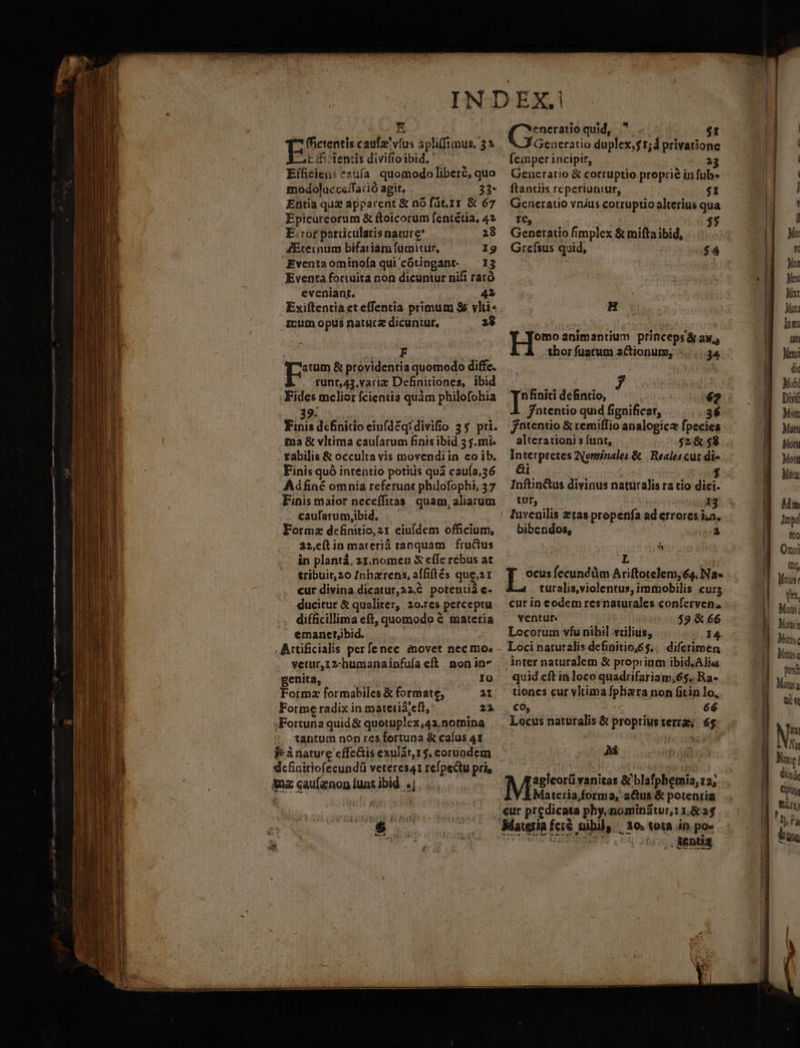Z2 | ro caufz víus apli(fimus, 3* rifi tentis divifioibid. ' Eíficien: *2ufa quomodo liberé, quo modolucceifaiió agit, 33 Entia quz apparent &amp; nó füt.1r &amp; 67 Epicureorum &amp; ftoicorum fentétia, 42 E:rorparicularisnarurg — — 28 ZExecnum bifariam fucnitur, 19 Eventaominofa qui cótingant- — 13 Eventa fortuita non dicuntur nifi raró eveniant. 42 Exiftentia et effentia primum $ ylti- zrtum opus natura dicuntur. . 28 F | Pd &amp; providentia quomodo diffe. &amp; —runt,453.variz Definitiones, ibid Fides melior fcientia quàm philofohia 9. Finis definitio eiufdéqidivifio 35 pri. ma &amp; vltima caufarum finis ibid 5 j. mi. Finis quó inténtio potiiis quà cauía,36 Adfiné omnía referunt philofophi, 57 Finis maior neceffitas quam, aliarum caufarum,ibid, Formz dcefinitio,a1 eiufdem officium, 22,e[tin materià tanquam | fructus in plantá, z1.nomen S cfTe rebus at tribuir,20 Inharens, affifiés que;21 cur divina dicatur, 32,6 potentiá c- ducitur &amp; qualiter, 20.res perceptu dif&amp;cillima eft, quomodo &amp; materia emanctjbid. Atrtificialis perfenec. movet nec mo vetur,12-humanainfuía eft non in^ genita, 10 Formz formabiles &amp; formate, al, Forme radix in materid;eft, za Fortuna quid&amp; quotuplex,42a,nomina tantum non res fortuna &amp; caíus 4I Fàriature cffe&amp;is exulár,15, coruodem ' zOoBÓiBderh .— £g eneratioquid, ^ — $t Generatio duplex, 1; privatione (eimper incipit, - (ag Generatio &amp; corruptio proprie in fub- ftantiis reperiuntur, $1 Generatio vnius corruptio alterius qua tc Generatio fimplex &amp; mifta ibid, Grefsus quid, $4 H Hee animantium princepsá aw, thor fuatum actionum; -.. ...34 b D | pes defintio, €2 fntentio quid fignificat, 36 fntentio &amp; remiffio analogicz fpecies &amp;i tur, D bibendos, i 5^ L | [se fecundüm Ariftotelem;é4. Na« cur in eodem resnaturales confervena yentur. $9 &amp; 66 Locorum vfu nibil vtrilius; 14 Loci naturalis definitio;65;.. difcrimen inter naturalem &amp; proprium ibid.Ali«a tiones cur vltima fphara non fitin lo. co, TN 66 Locus naturalis &amp; propriusterrg; 6$. A Migerivinitas &amp; blafphemia, 12; Materia;forma, aQus &amp; potentia «ur predicata phy, nominatur, 11,&amp; 3$ , REntig Mo Men Mist Muta lon Quo Mens dit Mobi Diii Mot Motu Motu Mou An lnpd iti) Omni (Lf, Mon vn | Moni | Mutin Mate Motiso yd Mousa ti vt PT NET Nue | Qni Gag | LESER t fa Vus