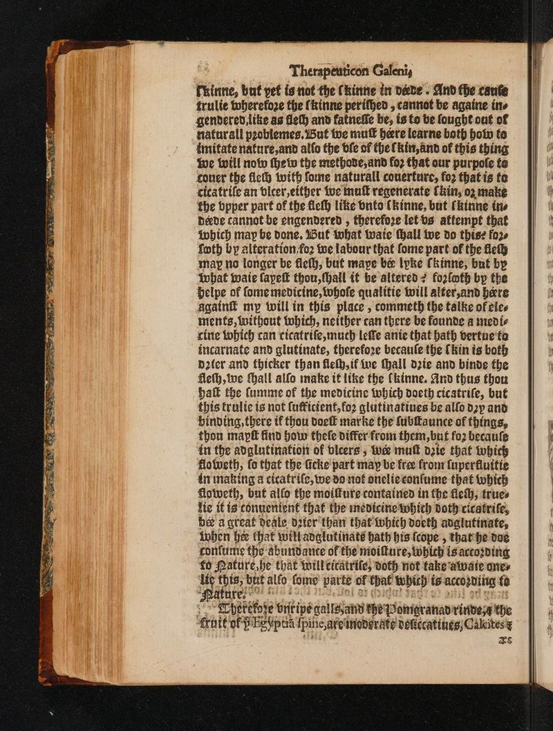 ίππο, but yet is id the Chinte ae néete . And the cante trulie toberefoze the fkinne perifhed , cannot be agatne ine gendered, like as Heth and fatnefie be, is to be fought ont of naturall problemes, but {9ο mull bere learne both boiv to ‘dmitate nature,and alfo the dfe of the fkin, and of this thing Wwe weil notw thetv the metbode,and fo? that our purpole te couer the Πε with fome naturall couerture, {ορ thatis fe cicatrife an blicer, either tue mutt regenerate (kin, ο) make the bpper part of the ficlh like bnto (Είπε, but (kinne tne pede cannot be engendered , therefore let bs attempt that qwhich may be done. iBuf tobat wate hall ive do thisz fore foth by alteration,fo2 we labour that fome part of the fel may no longer be Πε, bat (πανε bee lpke fkinne, but by Iwhat waie fayeft thou, fall {έ be altered? forlmth bp the Helpe of fome medicine, whofe qualitie will alfer,and bere απαίαᾶ mp will in this place , commeth the talke of eles ments, iuifhout tobich, neither can there be founde a medic cine tobich can cicatrife,much lefle ante that bath bertue'te incarnate and alutinate, therefore becaule the (kin is both D2ter and thicker than fleh,if ve thall de and binde the fleth, ive Tall alfo make tf like the (kinne. And thus thou ball the (unmne of the medicine tobich docth cicatrife, but this trulic ts not (uffictenf,fo2 glutinatines be allo D2p and binding, there tf thou dort marke the fubltaunce of things, thon map find how thele differ from them, buf fo2 becaule in the adglutinatiot of bicers , tude muff dete that βίον flotueth, fo that the ficke part may be free from fuperfluitic ininabing a ctcatrife, we do not onelieconfume that which floiveth, but alfo the moiffure contained in fhe fied, trues lie if is conuentent that the medicine which doth cicatrife, bé a great deale d2ier’ than that tobich doeth avalutinate, ioben bee that willanglutinaté bath bis {cope , that he doe fonfume the abundance of the moifnre, which { isaccosding fo Mature be that will cicatrite, doth not take‘alvate ones Ἡ ες but alfo fome pate of that Whi) is. et ytd ts a ο τος = i — “‘Chetefoye briripé gallejane the Ponigranan viribese the πες off le eViptia {pine,are noderate deliccatines;Calcitese ας