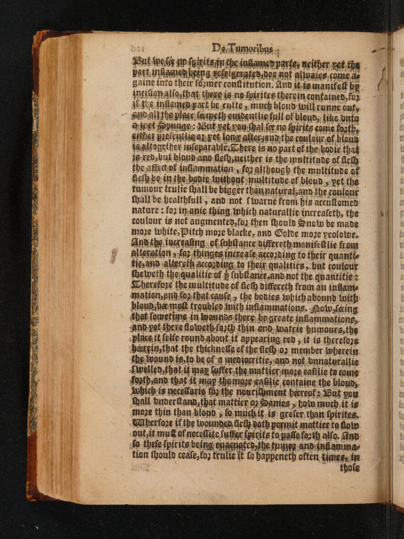 Be Per Na . ine Ck ος : si ~ gue ae πε η “i dnl tele ap tyinits inthe ing. ingiforallo that, thexe ig. no fpivites therein contained, fo3: ‘Sie Indameppart be.catte , much bloud-totlLrunne oufy. wu all the pliner leermeth euidentlie full of bloud, like. onto chivet punge:: dbut-vetveu-(hal (een ipirits come fozth,. either peolentligas yet long attersand:the couleur of bloua igalfogcther infeparable,ahore is.ao-part ef the: bovie that is-red, but blaud.and fle neither is. the innititade of flelh the attecof inflammation, fo2 although. the multitude of Gell be: in the, bonte, inithent; multitude.of. blond ,.pet the thall be Healthbfull, and not fivarue from bis accu omen nature : fo2 in.ante thing which naturallie inereateth, the soulour ts net angmented,fo2 then Gould Snow be made moe iwbite, Pitch moze blacke, and Golve moze yeolotve,. alteration »fo2 thinges inckeale.accozding to their quantie tig,and ialfereth accopding, to their. qualities, but coulour theiveth thequaliticof » (ubfance,and.not the quantifies; SLherefore the multitude.of fick differeth from an indains mation, and forthatcaule,, the bodies which abound with: bloun beroft troublen Inith inflammations. Polwfeing ‘hat lometios in wounds:thore de ατελές inflammations, place, tf elfe roundabout ἐέ appearing, red » {έ i therefore hatein,that the thicknese of the Βε) ο} member therein: fhe.lvound.te,to be of a mediocritic;and. not, bunatarailie foatb,and that dt map hemare eattic containe the bloun;. Iwhich-is neceMarte ορ the nourilyment hereof: Wut you thall bnderfann, that mattier ϱ) Sanies bolu.much. itis out,it mul ofneccllite (utter {pitite to pate forth alfa. ο fo thele {pirtts being euagnatcd,the-tnageg and\indamings thofe