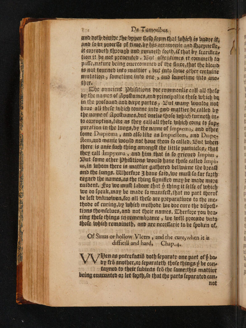 Ped a Ray De. Fumoribus: and voth-aiatoe the op per eth. from that ΦΡΙΚΗ ts aver it; ifcozrodeth theowab awd-renieth foath if that ὃν {carificae patie nature being ouctcomimed of the fiure,that the bloua ts Hof fenrned infoanattier να buf into fome-other cortaine mutation, (ο είπε tute one-5.aud lometine thte anes » £Dbe aunctent Philitions vee coumnontie call allsthele bp the names of Apofumes,and prineipallie thefe which be in {he poofound.anadeepe partes, YEut manp Wwoulde not baue alk thele tubich tourne into ged-mattier.be called bp the nameof Apotuines, but oneliethofe swbich furneth ine to cosruption,like as they callall thefe. tehich come fo fups puration tn tbe lungs,bp the name of Impiema, and ofper: fome Diapiema , and alfolike ag Impieltem, and Diapes item,ant mante Inould not have them fo callen: But Ρε: there ts antefuch thing amoncl the little parinicles, that they call Impyema , and bim that is.fo cricucd Impius « ‘Sut fome other Phifitions would hae thote calleo Impie us,in iubom there is mattier gathered betivnene tie break and the lungs. Wiberfore 3 bane faid,twe mek (ο far fosth: tegard the names,as the thing Ganificd may be made mers. iwe bo [peak,nayp be made fo manitfel,that no part therof be left bnknolwen,fo2 all thele are preparatiues to the mee thode of curing, by tubich methode Wwe doe cure the difpofts tions themfeclues,and not their names, Dherfore pou beas ring thele things ti-vemembzance , Wwe toll procede bnta éhole iubich rematneth, and are neceffarie to. be (poken of, Of Sinus orhollow Vicers ,:and the cure,when itis. difficill and hard, . Chap.4.. VV ag putrefacid voth feparate one. part of f bos {ον bp fra anotber,o2 feparateth thote things p be cone- _ fayned to thetr fubteds fri-the famezthis.matticr being enacuated ο) let fozth, fo that the parts feparated cans nog: