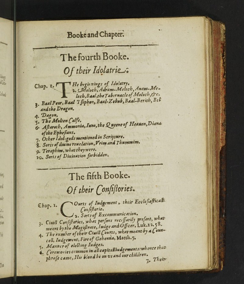 Bookc and Chaptcri f*\ The fourth Booke. 0f tbeir IdolatricjZ Chap* T He brgimwgs of Idolatry* a. tJMolochyAdram-Melech, Andw-Me- ^ lech,B aal,th eTabe rnacle of Moloch*&c. 3. Baal Peer* Baal Tfipb§tr$.Baal~ZtM»B4al-Bert$htBd i and the Dragon. 4. cD*g°*» oftheEphefians. 7. Other Idol-gods mentioned in Scrtptnre, g. Sorts ofdtHtne revelation* Prim and Jhvjnmtm. 9. Teraphim, what they re ere. i o. Sorts of Divination fprbidden* The fifth Booke. Of tbeir Qonfiflories. Chap , 1. ^o» courts of Judgement, their EccUfaftkafc f'onffiorie* v-> a. Sortsof Excommunication. 3 CM Corffloties, what jerfors oecijarily prtfeot, what 3‘ meant hjthe Magifrate,!tedgeardOfeer, Luk.l *5 - 4. The rentier of their CM Coons, wkatmeaMj 4 <T« cell, Iudgemtnti Fire of Gehenna* Matth.^ }hr«fe carte, Use Hoad he 0* vs and oar Metre* ^ --.--vt