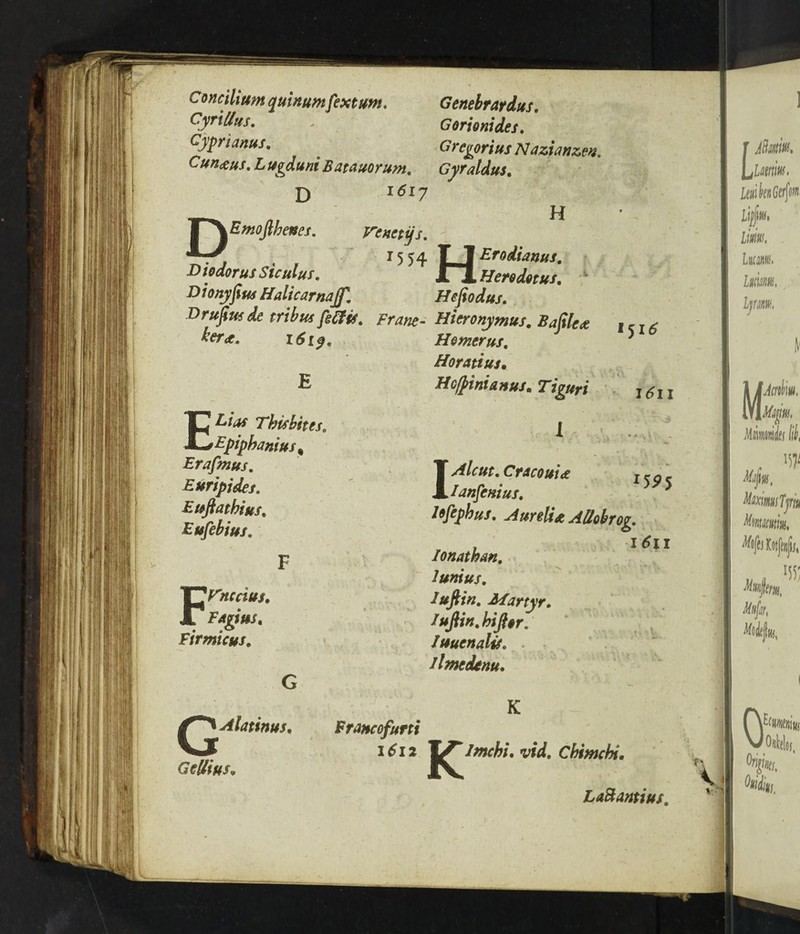 Concilium quinumfextum, CyriUus. Cyprianus. Cun&us, Lugduni Batauorum. D l6l7 j^Emoftbettes. renctijs, Diodorus Siculus, ^ Dionysus Halicarnajf. Drufiusde mb us feCfis, Franc- ker<e, 1619, Genebrardus, Gorionides. G regorius Nazi arizen, Gyraldus, H tEpiphanius, Erafmus, Euripides. E itftat hi us, EufebiuS' FPncaus, Fagius, Firmicus, Herodotus, Hefiodus. Hieronymus, Bajile<e Homer us, Horatius. Hc/pinianus, Tiguri l i$l6 1611 1611 1 Aleut. CracouU Ianfenius, lofephus, AurelU AUobrog, lonathan, lunius, lufiin. Martyr, Iufiin. hijlor. luuenalis. llmedenu. G Geltius. Alatinus, Francofurti 1612 K K iw/. Chimchi, LaBantius, $5