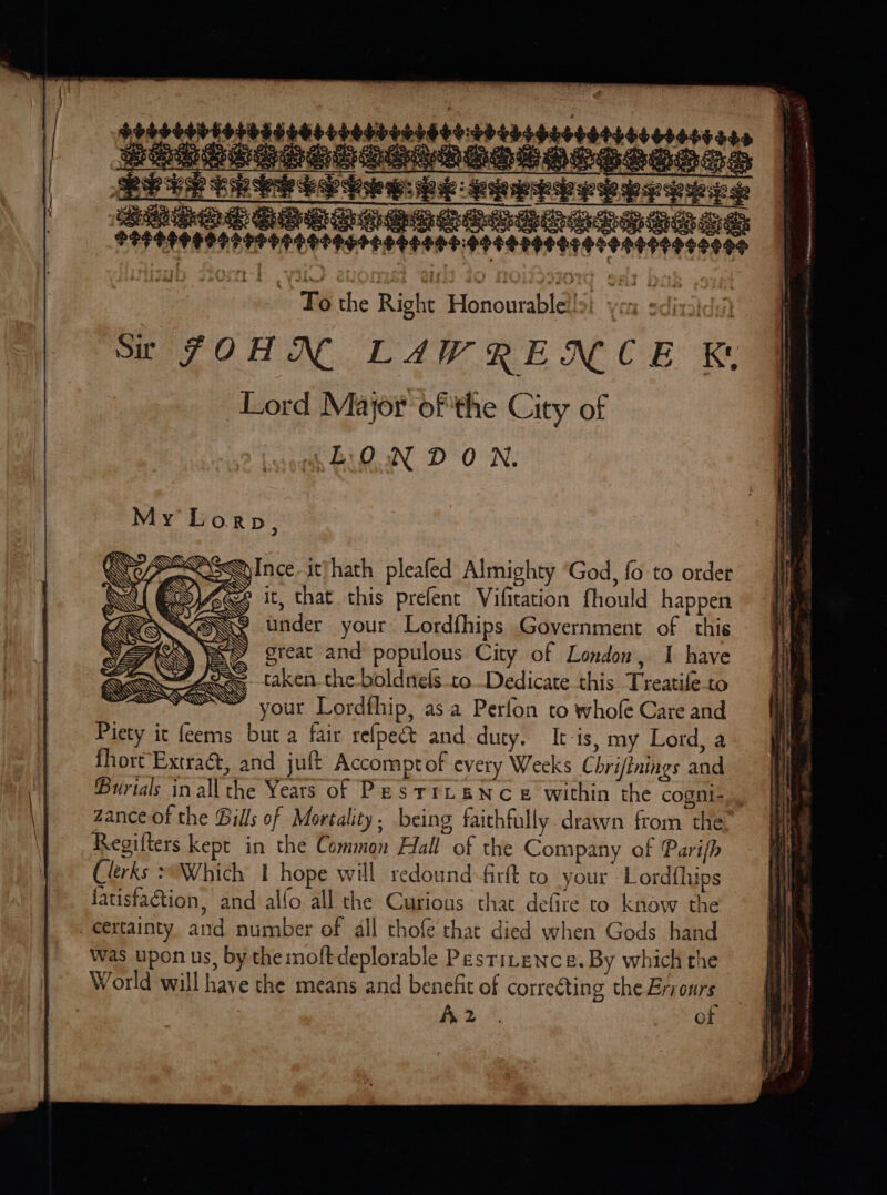 ae © Ode o , = we aR PES GSB R LPS Bas ier he Right Hononbld | sce Seach Sir JOHN LAWRENCE &amp; Lord Major of the City of ALONDON. SS Ince. it}hath pleafed Almighty ‘God, fo to order €eé it, that this prefent Vifitation fhould happen XY under your Lordfhips Government of this y great and populous City of London, I have 6oe—. taken the-boldnels to Dedicate this Treatife to ~~~ your Lordfhip, asa Perfon to whofe Care and Piety it feems but a fair refpect and duty. It-is, my Lord, a fhort'Extraé&amp;, and juft Accomptof every Weeks Chrifinings and Burials in all the Yeats of PestrL ence within the cogni- zance of the Bills of Mortality, being faithfully drawn from the Regifters kept in the Common Hall of the Company of Parifh Clerks Which |! hope will redound firft to your L ordfhips fatisfaction, and alfo all the Curious that defire to know the _ certainty and number of ll thofe that died when Gods hand Was upon us, by themoft deplorable Pestitence. By which the World will have the means and benefit of correéting the Errours Pye. of