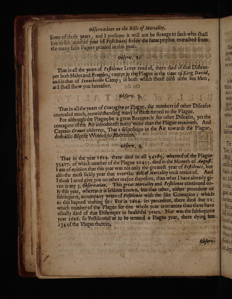 | obfervations on the Bills of Mortality. ei {ome of chofe years, and I prefume it will not be ftrange to {uch who fhall , liveto fee another year OF Péjilences tofee the fame poylon extracted from: : the many falfe Papers printed inthis yeate ¢ os Re Pa ae tha Sa ti, reat We — OOS Pe “That inall the years of Peftilence Lever read of, there died ofthat Diftem- per both Malesand'Bengales, except in thePlague an the time of King Devid, andinthat of Senacheribs Camp 5 10 both which ther€ diéd nohe burMen, . as I fhall fhew you hereafter. siti nO | ) Int Do died 0 cal That in allthe years of Contagtog or Plagues, the numbers of other Difeafes fe | ate? encreafed much, notwithftanding many of them turned to the Plague. For although the Plaguebe a great Receptacle for other Difeafes, yet the tf contagion ofthe Air introduceth many'more chan the Plaguereceiveth, And Captain Graunt obferves, That a difpofition in the Air towards the Plague, Mn wind worm enivA Gee ioe Natl One ote = nr ee ae : = ‘ obfery. Rf 2 : fn RAR Ba ed an ee ee — doth alfo difpolé Wonieh to Abortions,” Earls | % : : a ‘ GVA o ole is Hie) 2HTIOD F at . 7} meee TC) That in the year'1624. | there’ died ‘in all 5 4265; whereof of the Plague’ | 4 i 35417. of which number of the Plague 2045 5. died in the Moneth of Asgufs |. A, 1 am of opinion that this year was not only the greateft year of Peftilence, but ate alfo the moft fickly year that ever‘the ‘Bill of Mortality took notice of. And | Godis I think I need give you no other reafon therefore, than what Ihavealreacy gi- | (vi ven in ny 3. Obfervatien. This gredt:Mortalizy. and Peftilence continued On- | Iv this year, whereasir is feldor hown, ‘buethar other, either: precedent‘of | Mt fabfequent, accompany years of Pefileace' with the dike Contagion 5 whichi. | 501 fo this hapned ‘nothing £0: For in°2634- its precedent, there died -but 11, P they be, which number'of the Plague ‘for one’ whole year isnomore than there have Bat ufually died of that Diftemper in healthful years, Nor. was the fubfequent | a i year 1626. fo’ Peftilential’as to be-rermicd a Plague year, there dying ‘but. | Ver 134.0f the Plague therein, ” ladon 2. 9h os in ecoeslee gy Memb, ree RG 5D Moe 2 Ty | Obferds | God Pee ta dee