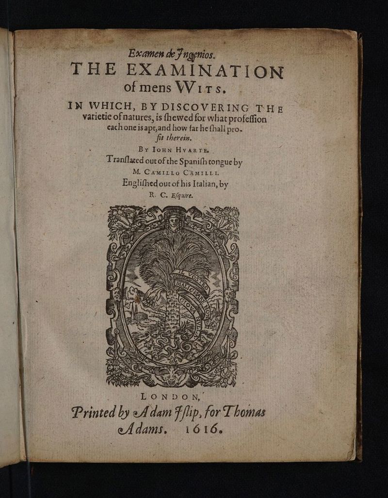 E ptr de Ingenios | | THE EXAMINATION of mens VWiurTs. IN WHICH, BY DISCOVERING TH E varietie of natures, is fhewed for what profeffion each one is apt,and how far he (hall pro. | fit therein. By loHn Hvarre Tranflated out of the Spanifh tongue by M. CamiLLo CAMILLI, Englithed out of his Italian, by | R: Cy Efquire. OES ROLL SNH AO RD Si a AD a ~ oe — anions re es o a a wb Vind o Ooi ie L oe one Printed by eA dam F/lip, for Thomas eAdams. i616.