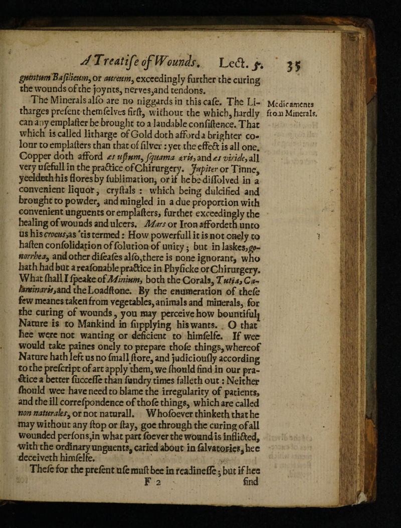 gumtum Bafilicwn, or aurettmi exceedingly farther the curing the wounds of the joyncs, nerves,and tendons. The Minerals alfo are no niggards in this cafe. The Li¬ tharges prefent themfelvesfirft, without the which* hardly can any ernplafter be brought to a laudable confidence. That which is called litharge ofGolddothaffbrdabrighter co¬ lour to emplafters than that of filver: yet the effett is all one. Copper doth afford *s tiflum,fqmma and viride, all very ufefull in the practice ofChirurgery. Jupiter or Tinne, yeektethhisfloresbyfublimation, or if hebediffolved in a convenient liquor, cryftals : which being dulcified and brought to powder* and mingled in a due proportion with convenient unguents or ernplafters, further exceedingly the healing of wounds and ulcers. Mars or Iron affordeth unto us his crocusyas us termed: How powerfull it is not onely to haften confolidarion of folution of unity; but in laskcs,g0- mrrbea, and other difeafes alfo,there is Done ignorant, who hath had but a reafonable practice in Phyficke or Chirurgery. What (hall I fpeake of Minium, both the Corals, Tutia, Ca- fominaris,md theLoadftone. By the enumeration of thefe few meanes taken from vegetables, animals and minerals, for the curing of wounds, you may perceive how bountiful^ Nature is to Mankind in fupplying his wants. . O that hee were not wanting or deficient to himfelfc. If wee would take paines onely to prepare thofe things, whereof Nature hath left us no fmallftore, and judicioufly according to the prefeript of art apply them, we fhould find in our pra¬ ctice a better fuccefle than fundry times falleth out: Neither fhould wee have need to blame the irregularity of patients, and the ill correfpondcnce of thofe things, which are called non naturales9 or not naturall. Whofoever thinketh that he may without any flop or flay, goe through the curing of all wounded perfons,in what part fbever the wound is inflifted, with the ordinary unguents, caried about in falvatorics.hee deceiveth himfelfe. v The/e for the prefent ufe muft bee in feadinefle ^ but if hee F 2 ' find Medicaments froji Minerals.