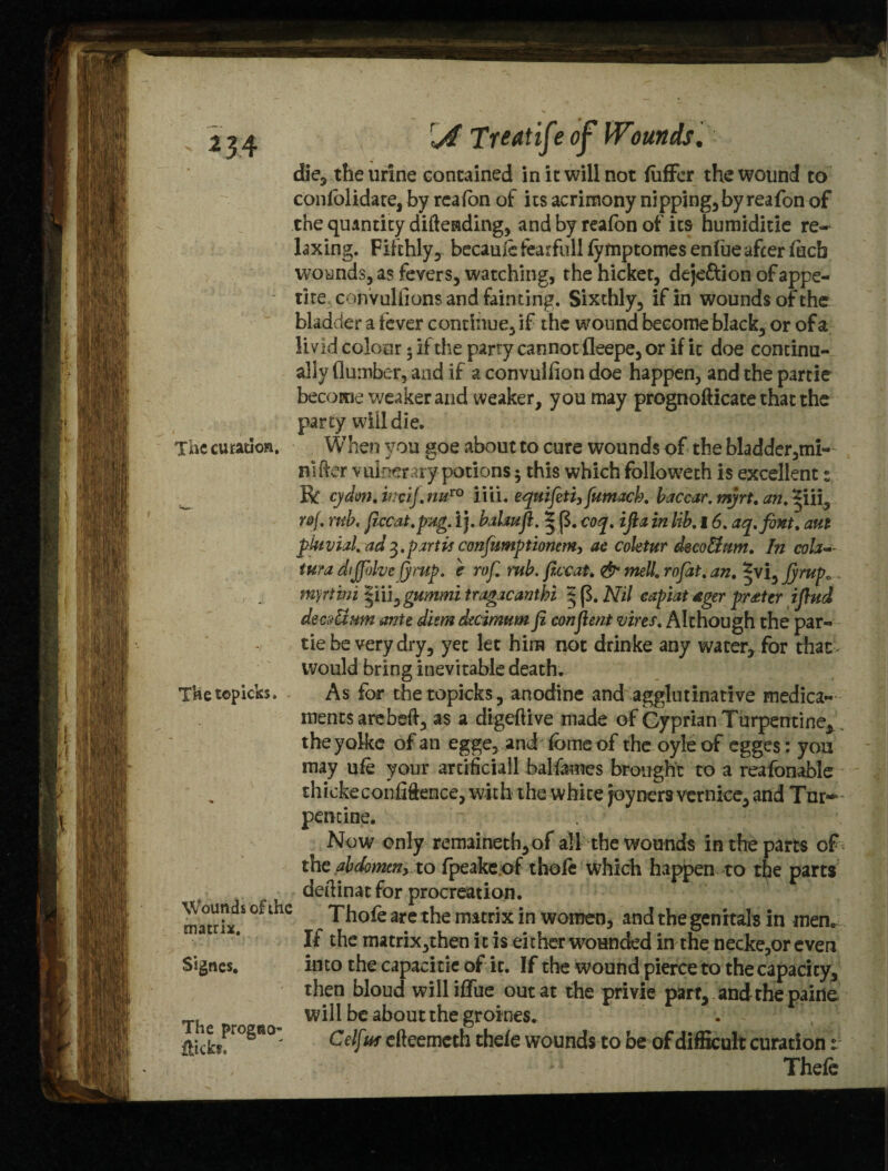 The curatlon. Thetopicks, Wounds of the matrix. Signes. The proeno- flick*. die, the urine contained in it will not differ the wound to conlolidate, by rcafbn of its acrimony nipping,by reafon of the quantity difteading, and by rcafbn of its humiditie re¬ laxing. Fifthly, becauie fearfull fymptomes enfue after fucb wounds, as fevers, watching, the hicket, deje&ion of appe¬ tite c on vul lions and fainting. Sixthly, if in wounds of the bladder a fever continue, if the wound become black, or of a livid colour; if the party cannot fleepe, or if it doe continu¬ ally (lumber, and if a convulflon doe happen, and the partie become weaker and weaker, you may prognodicate that the party will die. When you goe about to cure wounds of the bladder,mi- nlder vulnerary potions 5 this which followeth is excellent: R cydm.incij.nuro iiii. equifet'h fumacb. baccar. myrt. an. liU, rof. rub. ptccat.pug. i j. balauji. | (5. coq. tfia in lib. 16. aq.font. aut pluvial, ad %. parti* confumptionem, ae coletur deco&tim. In cola~- tura dtjfohe fyrup. e rof. rub. ficcat. & mell. rofat. an. |vi, Jymp0. martini tragacantbi 3 (3. Nil capiat £ger prater iflud dec^Uum ante diem dtcimum Ji conjient vires. Although the par- tie be very dry, yet let him not drinke any water, for that would bring inevitable deaths As for thetopicks, anodine and agglutinative medica¬ ments arched, as a digeftive made of Gyprian Turpentine, theyolke of an egge, and Ibme of the oyleof egges: you may ufe your artificiall balfames brought to a reafonable thickeconfiftence, with the white Joyners vernice, and Tur- pen cine. Now only remaineth,of all the wounds in the parts of the abdomeny to fpeakeof thofe which happen to the parts dedinat for procreation. Thofe are the matrix in women, and the genitals in men. If the matrix,then it is either wounded in the necice,or even into the capacicie of it. If the wound pierce to the capacity, then bloud williffue out at the privie part, and the paine will be about the groines. Celfa edeemeth thefe wounds to be of difficult curation V Thefe