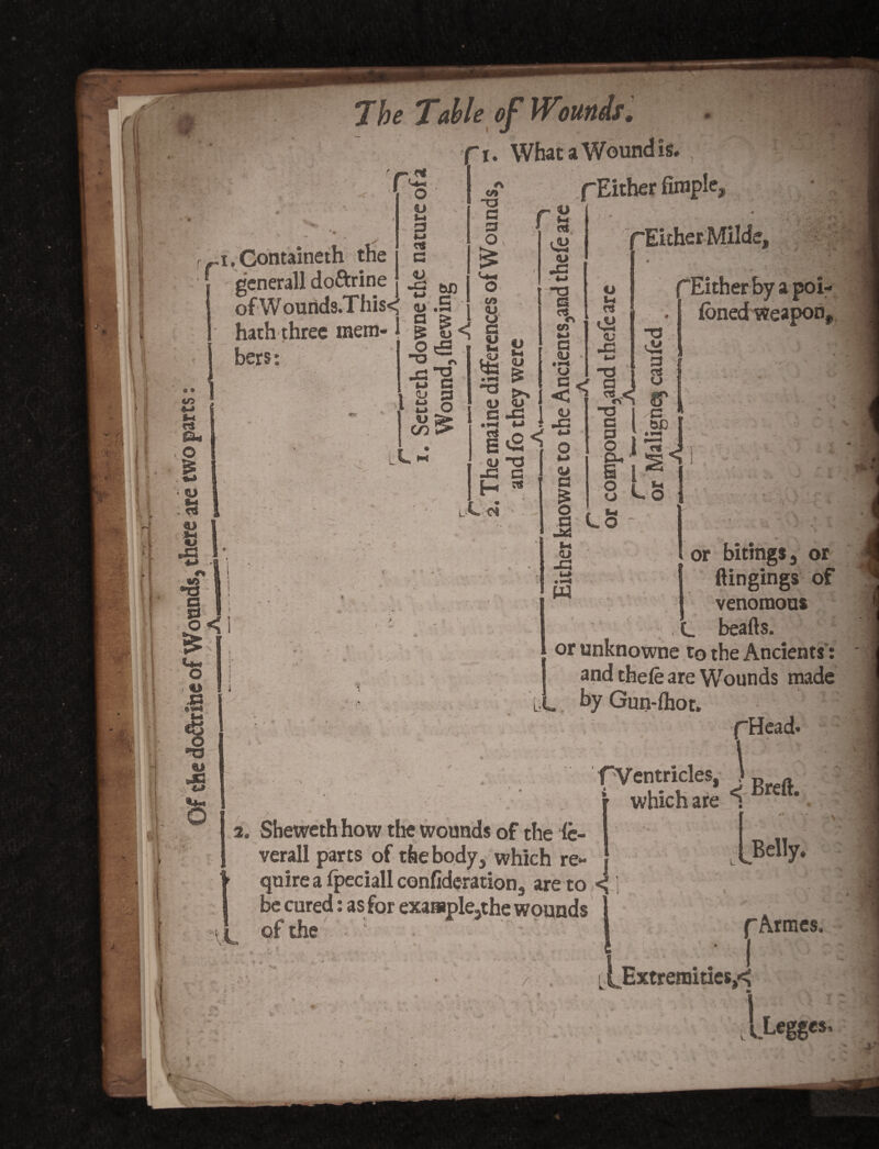 ft. What a Wound is f Either Ample rH 3 r^i.Containeth the generall doftrine ofWounds.This< w .5 j <G hath three mem-1 g 5 <( ^ bers: <U •JG I ’Q § CO U u rtf -2 <S ■o „ -c2 M C 1 u 3 1 S o E> lIh Ji tJ $ £ o <u G -C • rH W 8«2^ Oi T3 rC G H G OJ • H u C < <D JG <Lr JG h3 < a Either Milde, “O ,u ■* • ,*v (Either by a poi- ibned weapon. L Lei QJ G i G rtf - j ^ £T ■a | a a l sc 8 J D» § l J u L3 S LO- u <LP -G W Li or bitings 3 or ftingings of venomous L beads. or unknowne to the Ancients: and thefe are Wounds made „ by Gun-fhot. fHead. \ f Ventricles, )R - which are < btm’ a. Sheweth how the wounds of the fe- verall parts of the body, which re- . quire a fpeciall confederation., are to <| be cured: as for example,the wounds l Belly. f Amies. [^Extremities,*; LLegges.