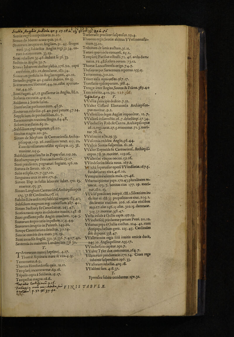A.a^ - j» Scotte regri competitores.21.10. Sioion de ivlonte acuto (juis.jO.6. ‘Stotoruni irruptio m Angliam.31.4^. ftrages eorii 32.4rubieaio Anglixrcgi.32.34. eo¬ rum iuramentum. 33*^9* Scoti rebellant 3^,46.dedunt (e.‘^6.33. Seditio in Anglia.39.7. Strawe lobannes dudor plebis.276.20. capti confersio.280. (o.decollatur. 282.34. Scotorum perfidia in Anglixregem, 42.10. Striuelin pugna.40.^calTri deditio. 60.55. Scotorum rex liberatur.44.20.ciftx aperiun- tur.44.26. Scoti fugati.46.i7.granantur in AngHa.8S.2. Serlonis executio.414.12. Soldanus a Scotis fulus. Stamfordix parliamentum. 48.32. Scotorum rebellio.56.40 p3ce petunt.57.24* Supplicium de perduellibus,61. 7* Saracenorum maxima ftrages.644^* Sebertitranflatio.65.21. - Subfidium regi negatum.98.20. Siccitas magna.101.30. Simon de Mcpbam fitCantuarienfis Archi.e- pifcopus.io^* 26.confiiium tenet. 110.22. Exonia vifitaturo refiflit epifcopo.113.3^* moritur. 115.5. Subfidiuterrx fanax in Papx vfus.119.20. Southamptonper Francos incenla.131.27. Scoti prxdantes, pugnaturi fugiunt, 156.10. StatutadeSeruis. 161.17* Soliseclipris.i7i.7.337-‘o- Sanguinea crux in aere.171.9. Simon Iflep in feftis laborare iubet. 172. 23*- moritur. 175.37* Simon Langham Cantuarienf.Archiepilcopus 175.37.fitCardinalis.178.12- . ' Subditi Edvvardi tcrtijrubfidiunegant.i85.4^* Subfidium magnum regi concefrum.187.40* Simon Sudbury fit Cancellarius. 243 47* Scotica nauis capta in c5tetione euadit,248.18 Scoti graffante pefte Anglia inuadunt.. 234.- 3. Scotorum imprecatio inpeftem.234.44. Scotorum irruptio in Penreth.249.22, ScropeCanceliariaiudeieaus. 311.14. Saueix comitis dira mors.321.19* Scoti inuadut Anglia. 330.32.336.7.407.42, Sfintentia in maiorem Londini lata.536 50. - r. TArtarorum nunci) baptizat; .4.17* Tbom.x Aquinatis mors & vita.4.55. Tcrrxmotus.6.9* ThomasHerefordenfis quis, ti.12. Templarij incarcerantur.69.16. Tripolis capta a Soldanis.15.17. Tcmpeftas magna.16.6. Turberuile proditor rufpenrus.29.4. Tbronus regis Scotix ablatus VVellmonaftc- riufn.33.10. Tributum de lanis au6lum.35.2r. Tartari quomodo conuerfi. 65.2. Tcmpkirij Parifiusc6bufti.72.46. ordodamio natus.72.48.rcelera eorum. 73.12. Thomae Lancaftrenfis origo.74.7. Thefaurusper Saracenum repertus. 155.15. Terrsemotus.3io.20. Triuetcafu equi€3S/fGSt^6/.i/. Ttanflatio epifeoporum. 368.4. Treugs inter Angios,Scoios &Fracos.369.4o Taxainrolita.410.30. ■ y. VVallia; principis deditio.7.22. VValter Giffard Eboracenfis Archiepifeo- pu5 moritur. .9.2. VVallenfibus leges Aoglix imponutur. 12.7. VValloru infurrectio.26.7.debellatur.27.34. VVinchelfey Rob.fit Cantu.Archiepifcopus 26.22,regiiurat.27.5.reuocatar.7i.3.mori- tur. 78.10, VVafeonix acla.29.33. VVafeonia reddita Anglis.56.44* VV^llt^is Scotus fufpenfus. 61.26. vv alter Reynolds fit Cantuarienf. Archiepif- copus,7 8.30.moritur. 109.26. VVallenfes’ vbique nociui. 132.26, VVindeforixdificianoua. 167.2. icka/uperuifor operu V V indforix, 167*5* fundationes eius.416.10. vVentqrumyiolentia mala.171.46. Vrbanus quintus papa.i72.43.pluralitates re- '' 'uGcat. 173.7. bonitas eius 7 'tur.iSo. 23. dicitur ei.188.35. propofitiones eius. 205.1. declaratio eiufdem. 206. i6.alix eiurdem 209.27.alix 256.15.alix. 302.15. daranatx, 305.37.moritur.358.47* V'’c6ta infula a Gallis capta. 197.29. VVinchelfeij prsedantur portum Petri. 211.12. Vrbanus papa e Gallia eie6lus. 224* 4^* Antipapa bellum gerit. 225.45. Cardinales fex deponit,338.47. VVallcrannus regis filia inoitis amicis ducit> -245.10. Anglia pellitur.255.17. VVinchcl(eia capitur.250.7. Vy alter Tyler dux commotus.264.7. Villanoriim proclamatio.272.24. Ciues rege iubenie fufpendunt.296.33. VVallorum rcbellio,405,i8* VValdeni fors. 418.37. r* Vprenfes fubilo occiduntur. 250.32. rd$VlM.