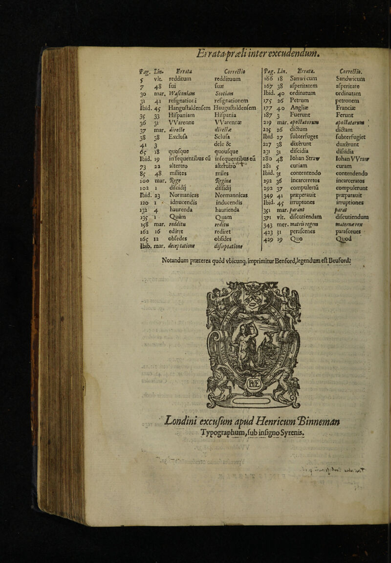 inter excudendum. tin» Srrata CorreSlio fag. Lin. Errata. CorreStib. S vlt. redditum reddituum \66 18 Sanwi cum Sandwicum 7 48 fui fuje 167 38 afperitatem afperitate 30 mar. Wafconion Scotiam Ibid. 4.0 ordinatum ordinatam 3^ 4» refignatior.i renenationem 17 2^ Petrum petronem Ibid. 4^ Hanguftaidcnfem Hauguftaldcnfcm 177 40 Angliae Franciae 3S 33 Hifpaniani Hifpania 187 3 Fuerunt Ferunt 3^ 5‘ VVarcnne V\'arennae 219 mar. apoHatorum apoBfatarum ] 37 mar. dircHe diretta 225 26 diflum di^lam 38 38 Exclufa Sclufa - Ibid 27 fubterfuget fubterfugiet 4» 3 dele Bc 227 38 dixerunt duxerunt i8 ■quofque quoufque 231 31 difeidia difsidia Ibid. 19 in fequentibus cu infequentibus cu 280 48 lohan Strav lohan Wravr 73 aa alteriro altebutrb'^*^'' 281 j curiam curam 8; 48 milites miles Ibid. 31 contenrendo contendendo io6 mar. %p ^ ^gina 292 34 incarceretos incarceratos 102 1 difcidij diffidi) 292 37 compulertvi compulerunt Ibid. 23 Normanicas Normannicas 349 4^ prasperauit praeparauit 120 1 •' idnnccndis inducendis Ibid. 4^ irruptones irruptiones 132 4 haurenda haurienda 3C1 mu. parant parat ^3S ^ Quam Quam 371 rlt. difeutiendam difeutiendum mar. redditu reditu 343 mer. matris regem materna rex i6i 16 ediret rediret' 423 3* perafccnes parafeeues * 16^ 12 obfcdcs obfides 429 19 Quo Q^od ibib. mar. deceptatiom difeeptatione Notandum pifCtcrea quod vbicun^i imprimitur Benfordflegcndujn ellBeuror^* ■ Londini excujum apud Henricum^innman . . I .-l \