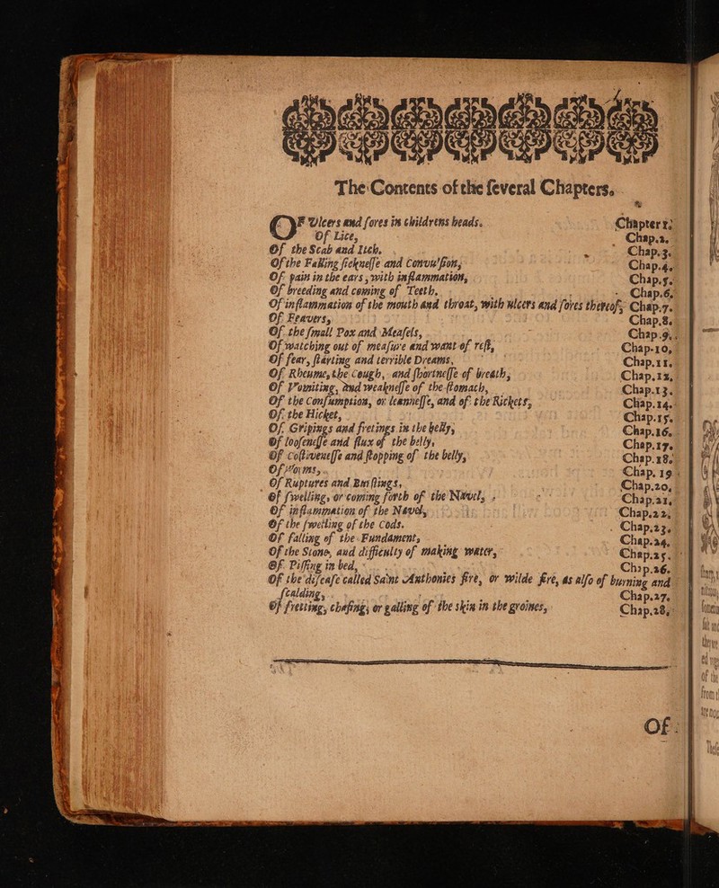 é ® F Ulcers and (ores i childrens beads. XS Of Lite, Of the Scab and lich. Of the Faking ficknelfe and Conun' fon, Of: pain in the ears , with inflammation, - Of breeding and coming of Teeth. Chap.3. Chap.3. Chap.s.: Of Feavers, Of the (mall Pox and Meafels, ; Of watching out of meafure and want of refi, Of fear, flarting and terrible Dreams, is Of Rhenme,the Cough, and {hortne(fe of breath, Of Vomiting, aud weaknelfe of the ftomach, Of the Confumptios, ot leanneffe, and of: the Rickets, Of the Hicket, ay Of Gripings and fretings in the bey, Of loofencfe and flux of thebelly, Of Coltivencife and flopping of the belly, Of M01 ms «. a. : Of Ruptures and Bui flings, Of (welling, or coming forth of the Nrucl, ; Of inflammation of the Navel, : Of the fweiling of the Cods. OF falling of the-Fundament, : Of the Stone, aud diffitulty of making water, Of. Piling in bed, ° Chap.8. Chap-1o, Chap.11. Chap.13, Chap.17. Chap.a1, Chap.22, Chap.a4, Chip.26.