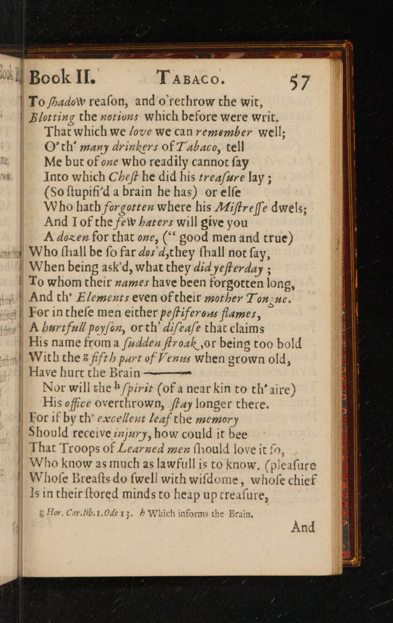 — 3 = a) t — e € That which we /ove we can remember well; Q' th’ many drinkers of Tabaco, tell Me but of oze who readily cannot fay Into which Cheft he did his treafwre lay ; (So ftupif'd a brain he has) or elfe Who hath forgottez where his AMffre[fe dwels; And I of the few haters will give you A dozen for that one, ('* good men and true) Who (hall be fo far des Z,they fhall not fay, When being ask'd, what they did yefterday ; To whom their ames have been forgotten long, And th’ Elements even of their mother Ton: uc. For inthefe men either peftiferous flames, — A bertfull poyfon, orth difeafe that claims His name froma /zd4ez ftvoak ,or being too bold With the 8 fifth part of Venus when grown old, Nor will the h /p;rit (of a near kin to th’ aire) His office overthrown, /fay longer there. For if by th’ excellent leaf the memory That Troops of Learzed men fhould love it fo, Who know as much as lawfull is to know. (pleafure Whofe Breafts do {well wich wifdome, whofe chief 15 in their ftored minds to heap up creafure, And