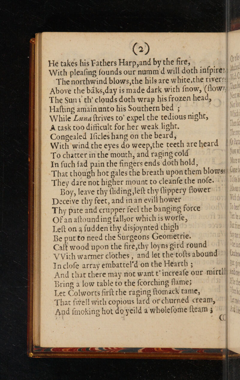 He takes his Fathers Harp,and by the fire, With pleafing founds our numm d will doth infpires] ^ The northwind blows,the hils are white,the rivers: WB e Above the baks,day is made dark with fnow, (flowy) '* The Suni th clouds doth wrap his frozen head, Hafting amainunto his Southern bed ; | While Lzza ftrives to’ expel the tedious night, I| Atasktoo difficult for her weak light. Congealed Ificles hang on the beard, With wind the eyes do weep,the teeth are heard | To chatter in the mouth, and raging cold NOR In fuch fad pain the fingers ends doth hold, That though hot gales the breath uponthem blowss) «i They dare not higher mount to cleanfe the nofe. yy Boy, leave thy fliding,left thy flippery flower Deceive thy feet, and in an evill hower Thy pate and crupper feel the banging force Of an aftounding fall;or which is worfe, Left on a fudden thy disjoynted thigh Be pat to need the Surgeons Geometrie. Cali wood upon the fire,thy loyns gird round V Vith warmer clothes, and let the tofts abound © | (in Inclofe array embattel'd on the Hearth ; | And that there may not want t' increafe our mirtH] i Bring a low table to the fcorching flame; Let Colworts firít the raging ftomack tame, | That fell with copious lard or churned cream, — | iy And fmoking hot do yeild a wholefome fteam 5 (|j iy | (