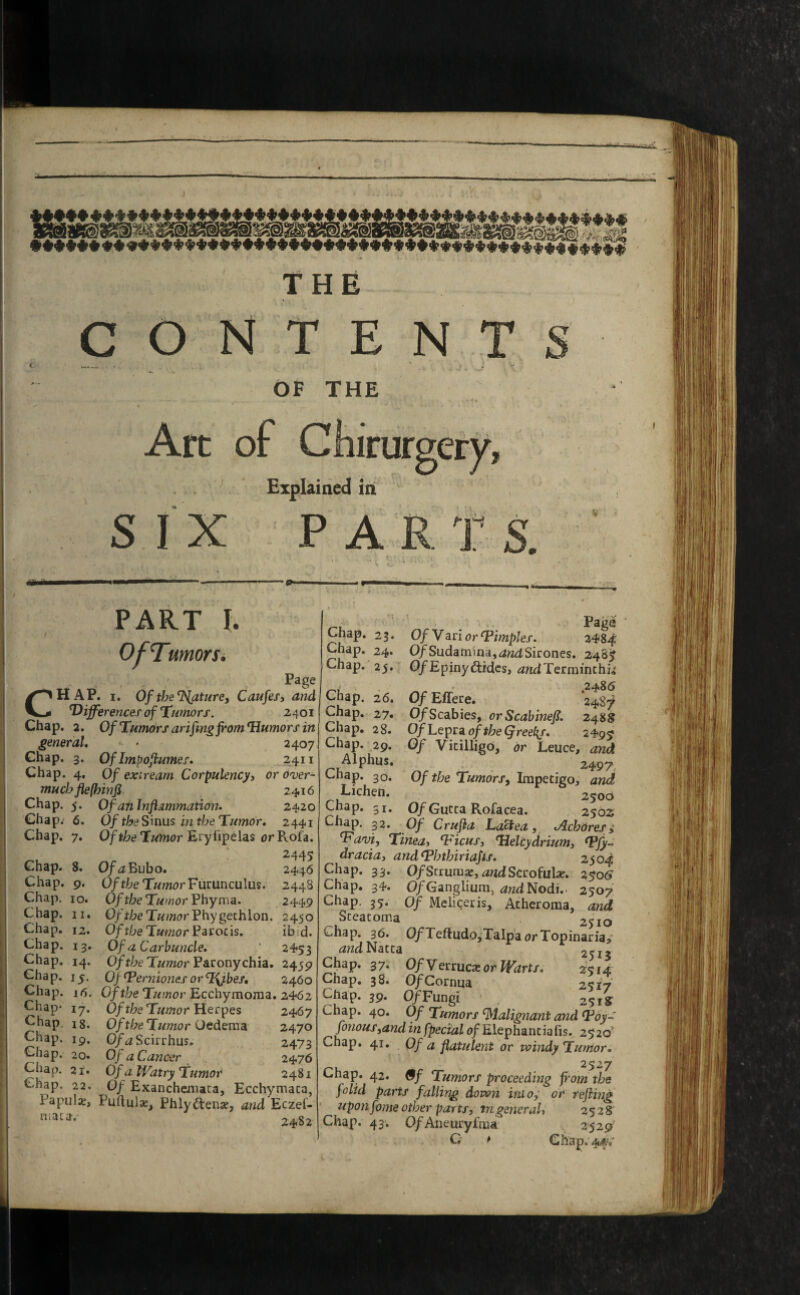 J THE contents < __ - ' . ^ *■ OB THE Art of Chirurgery, . . ^ Explained in SIX PAR T PART I. ttmors. Page CHAP. I. Of the future, Caufes, and differences of T^wnors. 2401 Chap. 2. Of Tiimdrjarifmg from Humor sin general* >■ • 2407 Chap. 3. Of Impojiumes. 2411 Chap. 4. Of extream Corpulency) or onjer- mucbfle(hinfi 2416 Chap. 5. Of an Inflammation. 2420 Chap. 6. Of the Sinus in the Tumor, 2441 Chap. 7. Of the Tumor Ury or Kola. ] 2445 Chap. 8. 0/<2 Bubo. 2446 Chap. 9. 0/t^^e T«m()rFurunculus. 2448 Chap. 10. Of the Tumor Vhyma. 2449 Chap. II. Of the Tumor l^hygethlon. 2450 Chap. 12. Of the Tumor ^acozis. ibid. Chap. 13. Of a Carbuncle. 2453 Chap. 14. Of the Tumor ^azonychia, 2459 Chap. 15. OfTerniones orTO-bes, 2460 Chap. 16. Of the Tumor Ecchymonia. 2462 Chap* 17. Of the Tumor HecTpes 2467 Chap. 18. Of the Tumor Oedema. 2470 Chap. 19. G/^Scirrhus, 2473 Chap. 20. Of a Cancer 2476 Chap. 2i. Of a Wdtry Tumor 2481 Chap. 22. Of Exanchemaca, Ecchymaca, Papula;, Pudulx, Phlyitenae, and Eczef- niaca. 2482 Page Chap. 23. OfVanorTimples. 2484' Chap. 24. 0/Sudaniina,<i«dSirones. 248^ Chap. 25. O/Epinyftidcs, dindTerminchi*' Chap. 26. 0/Effere. '248^ Chap. 27. 0/Scabies, orScabinefl. 2488 Chap. 28. O/Lepra 2495 Chap. 29. Of Vicilligo, dr Leuce, and 2497 Chap. 30. Of the Tumors^ Impetigo, and ^^^hen. 2500 Chap. 51. 0/Gutca Rofacea. 2502 Chap. 32. Of Crufia LaUea,^ tAchdreSy Tavi, Tinea) TicuS) Heltydrium) Hfy- dracia) andHhthiriaps. 2,504 Chap. 33. Of SnumX) andSccoiulx. 2^06 Chap, 34. G/Ganglium, ^^2dNod^.. 2507 Chap. 35. Of Meliceris, Atheroma, and Sceatoma 2510 Chap. 36. G/Teftudo,TaIp'a orTopinaria, (iwdNatta 2515 Chap. 37. Of Verruexot Warts, 2';i4 Chap. 38. G/Cornua 2517 Chap. 39. O/Fungi 2518' Chap. 40. Of Tumors Malignant and T6y->' fonous,andin fpecial o/Elephantiaiis. 2520* Chap. 41, Of a flatulent or windy Tunior, 2527 Chap. 42. 9f Tumors proceeding from the folid parts falling down iniO) or refling upon fame other par tS) in general) 2528 Chap. 43. G/Aiieurylma 2529 . C * Chap, 44^