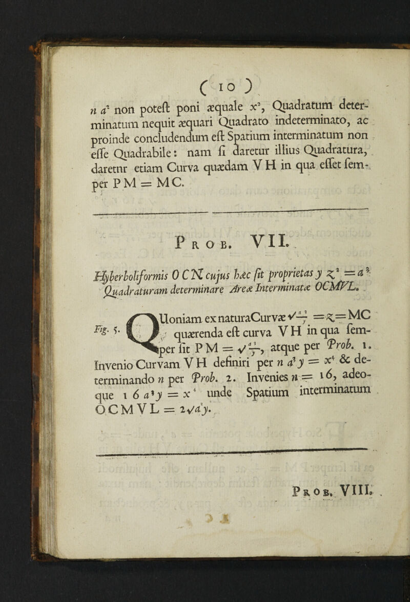 n a' non poteft poni sequale x\ Quadra turn deter- minatum nequit aequari Quadrato mdeterminato, ac proinde concludendum eft Spatium interminatum non efte Quadrabile • nam ft darecur illius Qiiadratura, „ daretnr etiam Curva quaedam V H in qua eflet Tem¬ per PM = MC. Pro r. V II. . richer bohfor mis 0 C x'Z cujus hdc fit proprietus y ^ — a Quadraturam determinare Are# Interminacx OCMFL, QUoniam ex naturaCurvx v'=-^=MC , ? qujerenda eft curva VH in qua Tem¬ per fit PM = V7-, atque per <Prob. 1. Invenio Curvam V H definiri per n iy = ^ & de‘ terminando n per Trob. i. Invenies n = io> atleo“ que 1 6 a*y = x4 unde Spatium interminatum OCMVL = 2#>, Prob. VIIT