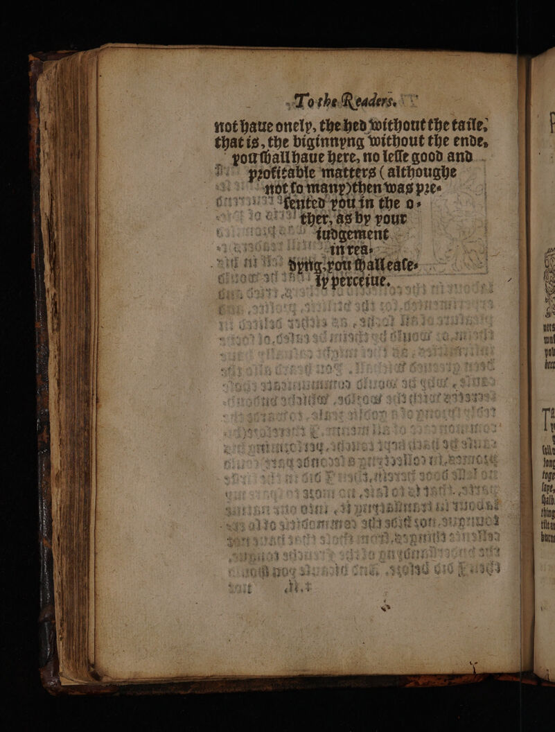 + Tot he Readers. ‘ay not haue oncly, the hed without the taile, that is, the biginnyng without the ende. - pontballbaue here, no leſſe good and „ profitable matters (althoughe not lo manp)then was pres n ther, as by pour Aliudgement “Sq Peas: