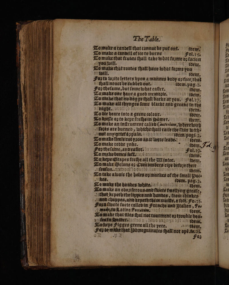 Gils To make a tandell that cannot be put out. dem Lo make a tandell of ice to burne Fol. 5. F4 make that fruite Hall take what foʒme 05 facion vou will. idem. sci Makethatrootes Mall haue what forme pou Will. . dem. F0 tb wꝛite letters vpon a mannes body o: tate that ſhall neuer be rubbed out. idem. pag. 2. #0) theſame, but ſome what eaſter. idem. To make one haue a good memoꝛ ie. idem. To make that no dog ge tall barke at pou. Fol. 17. night. idem. To die heare into a arene colour. idem. To dꝛeſſe oʒ to kepe freſhe in Somer. idem. Te make an inſtrument called CLuter um,; whert with Aſdzes are burned, whlche fall raiſe the ſkin with⸗ ant anpigrie? b 2paln. B att idem. pagi 2. | Comake Rrrle cut von agit were leaves idem. | To make redde pnke. TRISTI | idem. J.. M Foz ee ee dti ETE ig: Fol. 19. ö To make bones forts»: 1B idem. Tao kepe Grapes fretbe all the zat (nt idem. To make Pelons 9} Œoncombers ripe before a ‘ifeafor..atc 3 idem. Zo take alvate the holes 03 marken of the (mall Poc⸗ kes, SI idem. pag. 2. Co make the bandes white. idem. To make an odoziferousand twete mellzng greaſe, itbat kepeth the lippes and handes, krom chinkes Hand chappes, and kepeththem moſſte, &amp; ſoft. For. Fon fivete ſuete called in Cr ee and Itallen, Pos made in Latine Pematum. idem. Lemke that 3 Gal not torment 7 trouble bouts Wockepe ai grene allthe pere. idem. Foz