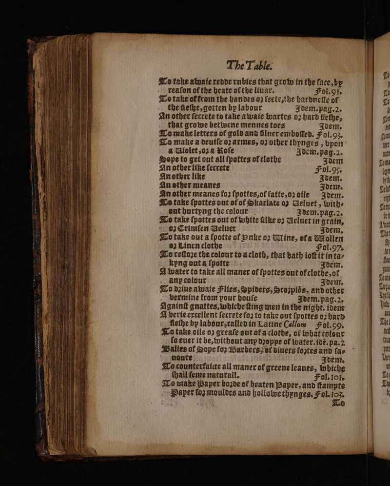 Co take abwaſe redde rubies that groto in the face, bp reaſon of the beate of the liuar. Fol. 91. To take ot fram the bandes oz fecte, the hardneſſe of the ſleſhe, gotten bp labour Idem. pag. 2. An other ſecrete to take awate wartes 02 hard fiethe, that growe betwene mennes toes Idem. To make letters of gold and filner emboſſed. Fol. z. a Uiolet, oz a Role Adem. pag. 2. Sope to get out all ſpottes of clothe I dem An other like ſecrete Fol. oy. An other like Idem. An other meanes Idem. An other meanes fo; ſpottes, of fatte, oꝛ dile Idem. Lo take ſpottes out of of Skarlate 02 Ueluet, with⸗ but hurtpng the colour IDEM. pag. 2. To take ſpottes out of white Gike o) UNeluet in grain, 0; Crimſen Geluet | Idem. To take out a ſpotte of Ynke oꝛ Mine, ofa Mollen 63 Linen clothe | ol. 97. To reſtoze the colour to a cloth, that bath lof it in ta⸗ kyng out a ſpotte Idem. A water to take all maner of ſpottes out of clothe, ot᷑ .. anp colour Idem. To dꝛiue awale Flies, Spiders, Stozplös, and other vermine front pour houſe Adem. pag. 2. Againſt gnattes, whiche King men in the night. idem M verte excellent fecrete fo, to take out ſpottes o hard fethe by labour, called in Latine Callum Fol. 99. To take cile 02 greaſe sut of a clothe, of whãt colour lo euer it be, without anp dꝛoppe of water. ide. pa. 2 Balles of Sope fo Barbers, of diuers fortes and fas nonte Idem. Æocounterfalte all maner of greene leaues, Whiche ſhall ſeme naturall. Fol. lot. To make Paper boꝛde of beaten Paper, and ſtampte Paper fo, mauldes and bollowe thynges. . U 8