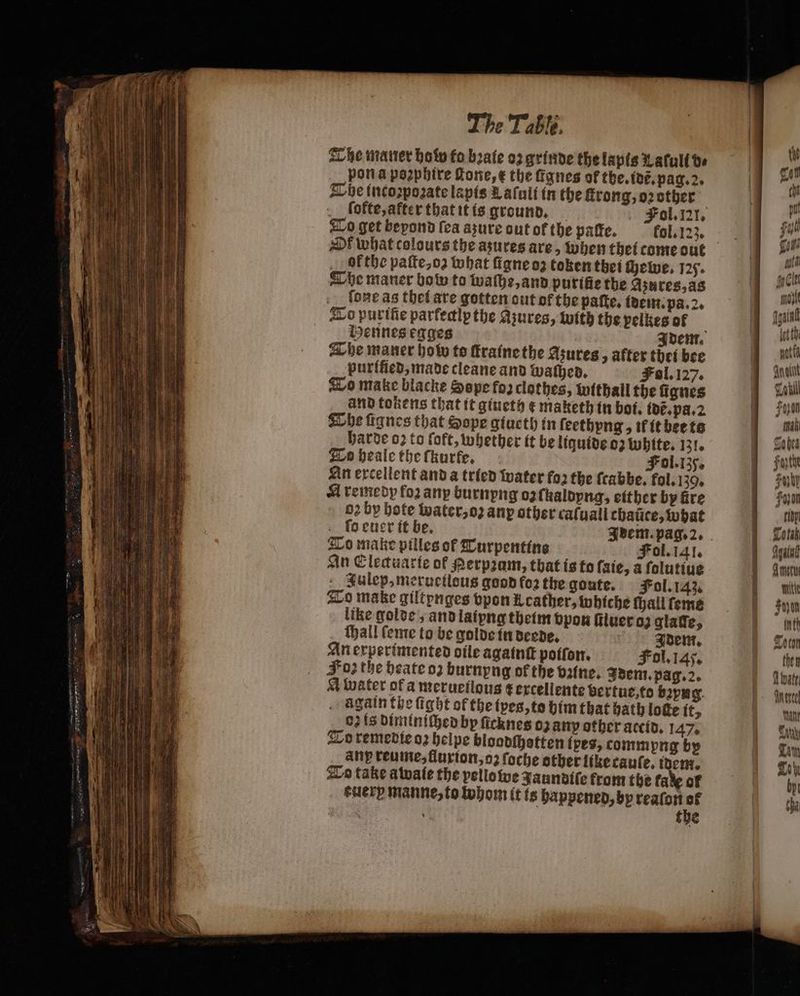 The maner how fo biafe oz grinde the lapis Latull be pon a pozphire one, the fignes of the. idẽ. pag. 2. The incoꝛpoꝛate lapis Laſuli in the ſtrong, oꝛ other | . fofte, after that it is ground. Fol. 121. To get beyond fea asure out of the paſte. kol. 123. Of what colours the asures are, when thet come out ok the paſte, oz what ſigne oz token thet chewe. 125. The maner bow to waſhe, and purifie the Azures, as ſone as thei are gotten out of the pafte, idem. pa. 2. To purifie parfedlp the azures, with the pelkes of Hennes egges Idem. The maner how to ſtraine the Asures , after thei bee purified, made cleane and Wathen. Fol. 127. To make blacke Sepe fo) clothes, withall the fignes and tokens that it giueth e maketh in boi. idẽ. pa. 2 The ſignes that Sope giueth in ſeethyng, it it bee to harde oꝛ to ſoft, whether it be liquide oz white. 131. To heale the ſkurfe. Fol. 135. An excellent and a tried water foꝛ the ſtabbe. fol. 139. A remedy foꝛ anp burnpng oz ſualdyng, either by fire 03 by bote water, oꝛ anp other cafuali chaũce, what ſo euer it be. | To make pilles of Turpentine Fol.141, An Eletuarte of Rerpꝛam, that is to faie, a ſolutiue Julep, merueilous good fo2 the goute. Fol. 143. To make giltpnges vpon Kcather, whiche ſhall ſeme like golde, and laiyng theim vpon filuer oz glaſſe, {ball ſeme to be golde in deede. Idem. An experimented cile againſt potfor. Fol. 14). Foꝛ the beate o2 burnyng of the vꝛine. Idem. pag. 2. A water of a merueilous ¢ excellente be rtue, to bꝛyng . again the fight of the ipes, to him that bath loſte it, 02 is diminiched bp ſicknes oz any other accid. 147. To remedie oꝛ helpe bloodſhotten (pes, commpng by ang reume, furton,o2 foche other like cauſe. idem. To take awate the pellowe Faundife from the fae of eue rx manne, to whom it is happened, by reaſon 10 5 the gui a clk Hod fair let nots Guam Coil Foon mali abe Futte ol pot 1 Totak Agata mete miti Soy on inth Loco then divate dette tant Sink Tim Lohe bp cha