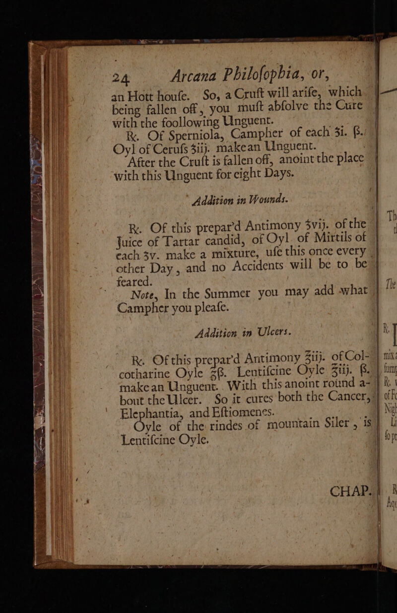24 Arcana Philofopbia, or, an Hott houfe. . So, a Cruft will arife, which. | being fallen of; you. muft abfolve the Cure with the foollowing Unguent. | : . Of Sperniola, Campher of each 31. (. Oy] of Cerufs 4iij. makean Unguent. 3 After the Cruft is fallen off, anoint the place with this Unguent for eight Days. Addition in Wounds. R. Of this prepar’d Antimony 3vij. of the | Juice of Tartar candid, of Oyl. of Mirtils of | each $v. make a mixture, ufe this once every | other Day, and no Accidents will be to be feared. Note, In the Summer you may add what Campher you pleafe. Addition in Ulcers.