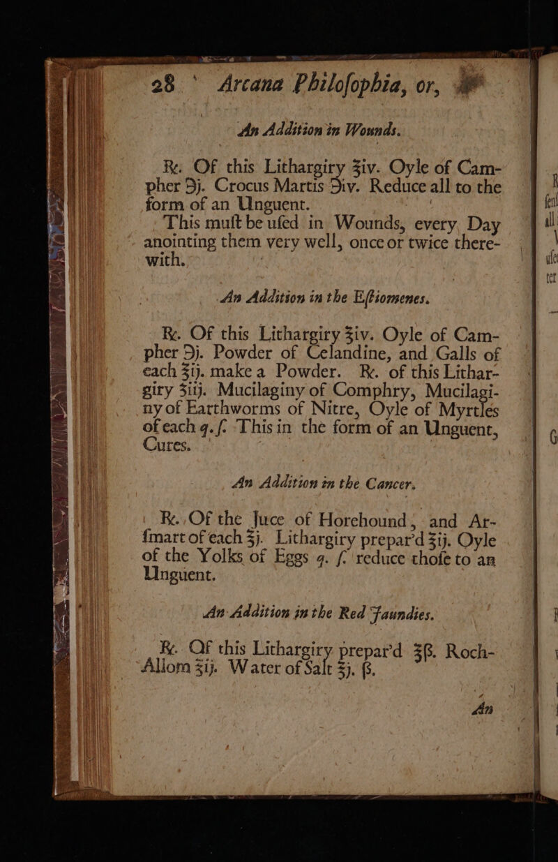 Ra AA. WA. if a aay She oe ha al ee). hla An Addition in Wounds. Re. OF this Lithargiry Ziv. Oyle of Cam- pher 35j. Crocus Martis Div. Reduce all to the form of an Unguent. ie This mult be ufed in Wounds, every, Day ane nto them very well, once or twice there- with. | An Addition in the Etiomenes. Rk. Of this Lithargiry Ziv. Oyle of Cam- pher 5j. Powder of Celandine, and Galls of each Zij. makea Powder. &amp;. of this Lithar- giry 3itj. Mucilaginy of Comphry, Mucilagi- ny of Karthworms of Nitre, Oyle of Myrtles ot each q.f- Thisin the form of an Unguenr, Cures. An Addition in the Cancer. _ Of the Juce of Horehound; and Ar- {mart of each 3). Lithargiry prepar’d 3ij. Oyle of the Yolks of Eggs 4. (£ reduce thofe to ar Unguent. An Addition inthe Red Faundies. Re. OF this Lithargiry prepar’d 3(3. Roch- Allom 3ij. Water of Salt 3). §. An