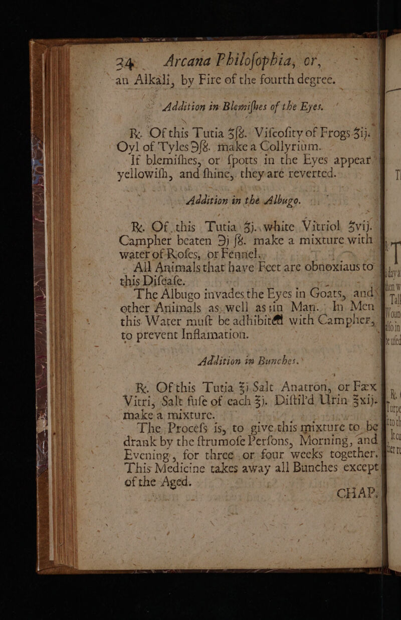. i? — x 2m Arcana Philofophia, or, an Alkali, by Fire of the fourth degree. Addition in Blemifhes of the Eyes. RK. Of this Tutia 3{8. Vifcofiry of Frogs 3ij. | Oyl of Tyles5/&amp;. make a Collyrium. If blemifhes, or’ {ports in the Eyes appear, yellowifh, and fhine,. they are reverted. Addition in the Albugo. R. Of this Tutia 3j.. white Vitriol 3vij. | Campher beaten 3) (&amp;. make a mixture with § water of Rofes, or Fennel. : | All Animals that haye Feet are obnexiausto §, this Diféafe. : The Albugo invades the Eyes in Goats, and\r other Animals as:well assin Man. In Men §f this Water muft be adhibit@l wich Campher,. to prevent Inflamation. . Addition is Bunches. RK. Of this Tutia 3).Sait Anatron, or Fex Vitri, Salt fule of each $j. Diftild Urin 3x1)-] make a mixture. - The Procefs is, to give.this mixture to be drank by the ftrumofe Perfons, Morning, and, Evening, for three .or four weeks together. ™ This Medicine takes away all Bunches except} of the Aged. a&gt; oe ef CHAP,