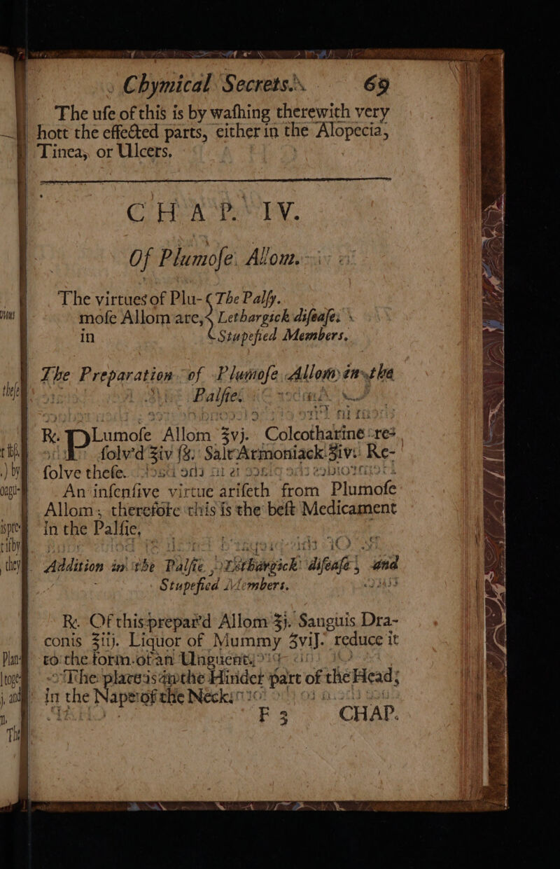 PROPER BR SSR ORD PL ROR se “Chynitéal: Secrets 69 e Fhe fe of this is by wafhing therewith very —f) hott the effe&amp;ted parts, either in ene Alopecia, Tinea, or Ulcers, C ‘YW Ae PY. Of Plumofe. Allom. The virtues of Plu- te Pally. iat mofe Allom are,s Lethargick difeafe. » in Stupefied Members, — | The Preparation of Plumofe ieee ins the thee Pie Palfie. pelt Va ery . red fir fi i} R. peal Allo yj. ” Coloothaltine: res 2) folv'd Ziv (8. Salt-Armoniack Si: Re- ) by (lve tale 9S S03 fl ef 9): ong An infenfive virtue arifeth eorit Plumofe Allom: therefote this is the beft Medicament sptee in the Palfie, : . ritby eu | ieee i aa) Addition im ‘the Pathe. 1é, oF thick Mates Ss tupefied J lombers. ty | &amp; { Re. OF this prepar'd | Allom 3}. Sanguis Dra- conis 411). Liquor of Niamey SviJ. “reduce i it Plan: to pine form.ofan Ungucaty &gt; | ik jog «= -o the plareas athe Hindet part of the Head; 1 ee Pin the] Jape of the Necki | qj F 3 CHAP.