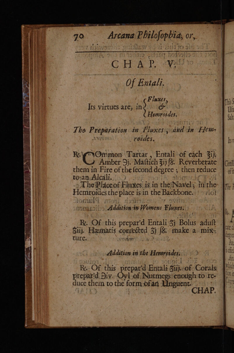 CHAT wt Of Fatali. cf, luxes., Its virtues are; in &amp; D beats die The Preparation in Fluxes: and in Het- ae) _roides. Re. ig3Ommon Tartar , Entali-of each Zip. Amber 5}. Maftich 31) {8. Reverberate them in Fire of the fecond degree ; then reduce toaniAlcali.. 35 i: | \istraeaes Ge te -&gt; ThePlaceof Fluxes’ is in the*Navel; in rhe Hemroides the place is in the Backbone.‘ ~ vic! FOCTUE A | | PETS « YONA ‘seneoi » Addition-in Womens Fluxes; Re Of this prepar’d Entali 3} Bolus aduft Siij. Heematis corrected 3) J&amp;. make a. mix- ture. ved Pasay Addition in the Hemsroides; ) R.- Of this prepar’d Entali Siij. of Corals: prepar’d Diy. Oy] of Nutmegs* enough to re- duce them to the form ofan Uinguent. ae