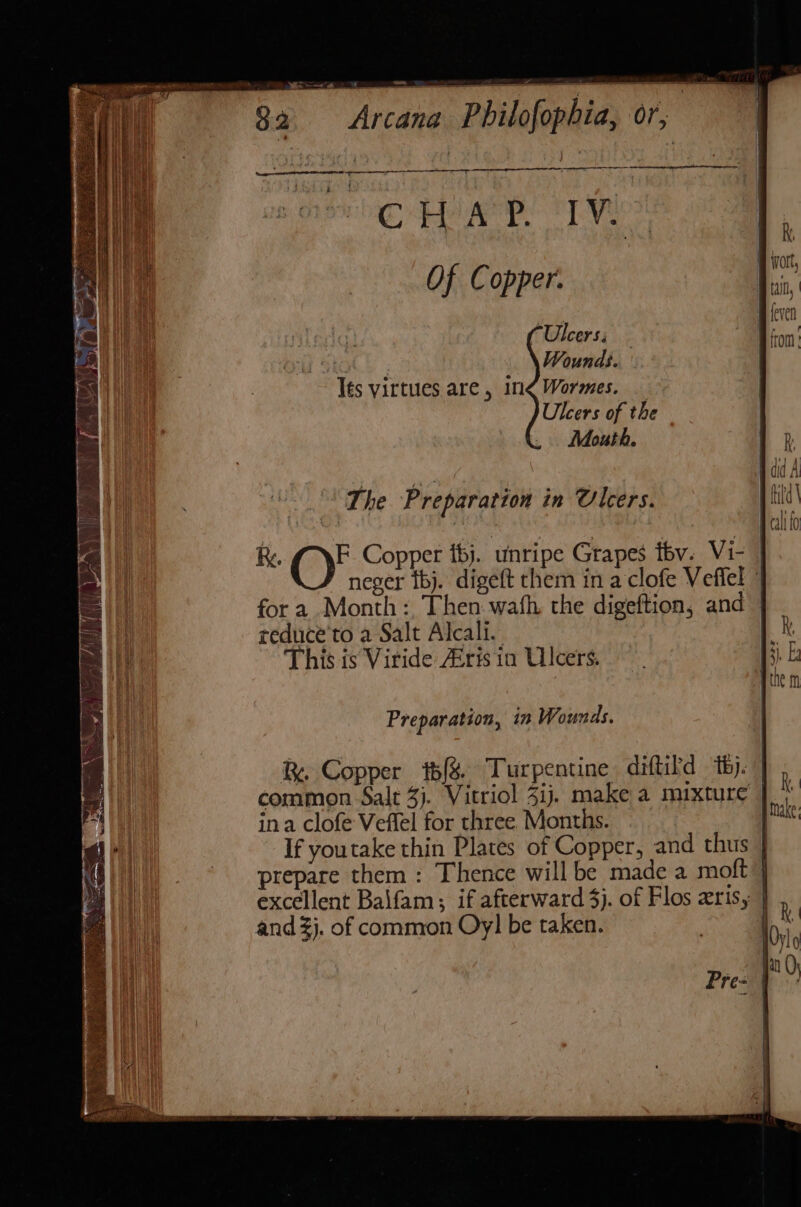 a aaanri te See re ib ated OA Of Copper. “Ulcers: af Wounds. Tes virtues are, in¢ Wormes. Ulcers of the Mouth. 3 The Preparation in Olcers. K fora Month :, Then wath the digeftion, and reduce'to a Salt Alcali. This is Viride AZris ia Ulcers. Preparation, in Wounds. ina clofe Veflel for three Months. If youtake thin Plates of Copper, and thus and 3}. of common Oy] be taken.