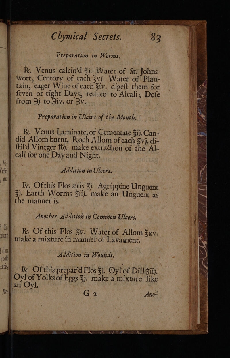 4 Sela ES SU OE cH Cals eh ta Dy Preparation in Worms, __ R Venus calcin’d 3). Water of St. Johns- | wort, Centory of each $vj Water of Plan- | tain, eager Wine of each Siv. digeft them for | feven or eight Days, reduce to Alcali; Dofe | from 3j. to Div. or Dv. Preparation in Ulcers of the Mouth, | . &amp;. Venus Laminate, or Cementate $ij. Can- did Allom burnt, Roch Allom of each 3 Vj, di- ftild Vineger t6j. make extra@ion of the Al- | cali for one Day and Night. Addition in Woes, Re. Of this Flos xris 3). Agrippine Unguent $j. Earth Worms 4iij. make an Unguent as the manner is. Another. Addition in Common Ulcers. Re Of this Flos Sy. Water of Allom $xy. make a mixture in manner of Lavament. Addition tn Wounds. Re. Of this prepar’d Flos $j. Oy! of Dill Ziij. | Oy! of Yolks of Eggs $j. make a mixture like jan Oyl. | G2 Ano=