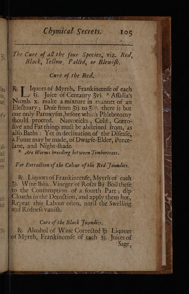 PSA A NOR OD GR Chymical Secrets. Tos 1 | \ ———e Lhe Cure of all the four Species; viz. Red, | Black, Tellow, Pallid, or Blewifh. Gure of the Red, 338 prises of Myrrh, Frankincenfe of each a 3j. Juice of Centaury 3vj. * Affalia’s | Numb. x. make a mixture in manner of an | Eletuary ; Dofe from 3ij. to Zi. there is but one only Paroxy{m,before which Phlebotomy ‘fhould proceed. Narcoticks,,’Cold|, Gorro: five and Fat things muft be abiteined. from, ‘as alfo Baths : Yet in declination of the Difeafe, »a Fume may be made, of Dwarfe-Elder, Purce- aj. | Jane, and Night-fhade. * Are Worms breeding between Timbertrees. il For Extraction of the Colour of the Red faundies. RK. Liquors of Frankincenfe, Myrrh of ‘each 6). Wine tbij.. Vineger of Rof2s thy Boil thefe to the Confumption. of a fourth Parc; dip Cloaths in thé Decoétion, and. apply them hot, | Repeat this Labour often, until the Swelling and Rednefs vanith.