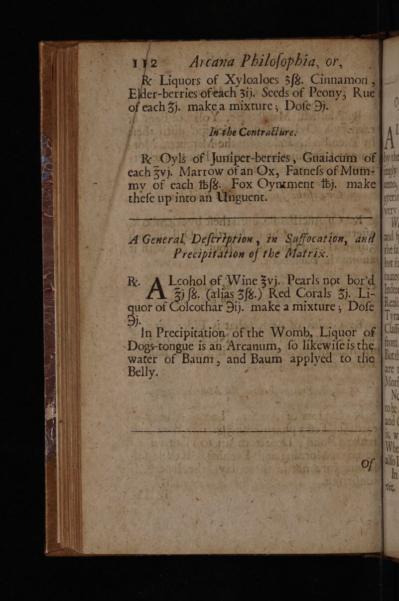 fe Liquors of Xyloaloes 3{§. Cinnamon , Elder -berries ofeach 3ij. Seeds of Peony, Rue | of each 4j.. makea mixture ;. Dofe'5). | “Ta'the Contracture: Ro Oyls -of ‘Justiper-berries ,-Guaiacini of }) each Zvj. Marrow of an'Ox, Fatnefs of Mum: Ji my of each tb{§.. Fox Oyntment: tbj. make thefe up'into an Unguent. | | &lt;4 A General Deftription , in Saffocation, anit \a Precipitation of the Matrix. | olcothar 5ij. make a mixture; Dofe Sj. a ~ In Precipitation, of the Womb, Liquor of |‘ Dogs-tongue is an-Atcanum, fo likewifeisthe water of Baum, and Baum applyed to the Belly. :