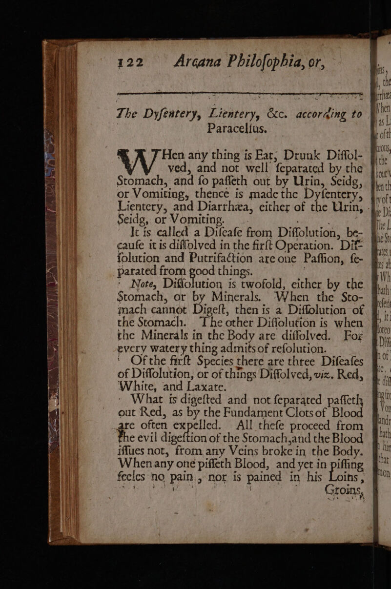 The Dyfentery, Lientery, &amp;c. accorging to | | Paracelius. Stomach, and fo paffeth out by Urin, Seidg, Seidg, or Vomiting. Ic is called a Difeafe from Diffolution, be- §f caufe it is diffolved in the firft Operation. Dif § parated from ie things. | Note, Diffolution is twofold, either by the. Stomach, or by Minerals. When the Sto- mach cannot Digelft, then is a Diffolution of the Minerals in the Body are diffolved. For every watery thing admitsof refolution. ‘ Ofthe farft Species there are three Difeatfes of Diffolution, or of things Diffolved, viz. Red, White, and Laxate. 3 What is digefted and not feparated paffeth out Red, as by the Fundament Clots of Blood are often expelled. All thefe proceed from he evil digeftion of the Stomach,and the Blood iffues not, from any Veins broke in the Body. Whenany one piffeth Blood, andyet in piffing 9 fecles'‘no pain., nor is pained in his Loins, Ff MeN a ee Sapo