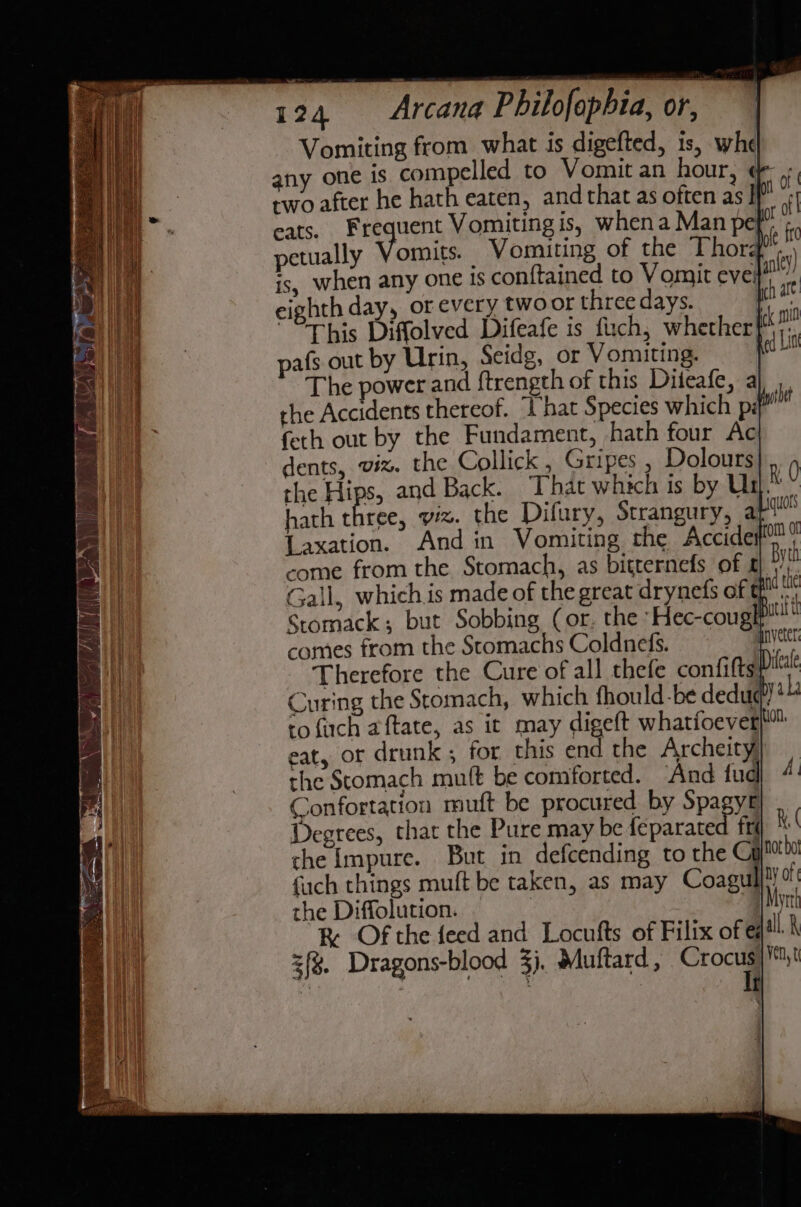 Vomiting from what is digefted, is, whe any one ts compelled to Vomit an hour, ¢&amp; ,; two after he hath eaten, and that as often as eats. Frequent Vomiting is, when a Man pe petually pees: _ Vomiting of the Thorz is, when any one 1s con{tained to Vomit evei eighth day, or every twoor three days. I This Diffolved Difeafe is fuch, whether} pafs out by Urin, Seidg, or Vomiting. The power and {trength of this Diteafe, a} the Accidents thereof. That Species which pi# feth out by the Fundament, hath four Ac dents, viz. the Collick , Gripes , Dolours| | the Hips, and Back. That which is by Un. hath three, viz. the Difury, Strangury, api {axation. And in Vomiting the Accides™ come from the Stomach, as bitternefs of 4) fe Gall, which is made of the great drynefs of pat R Of the feed and Locufts of Filix of e4* z(%. Dragons-blood 3). Mutftard , Crom