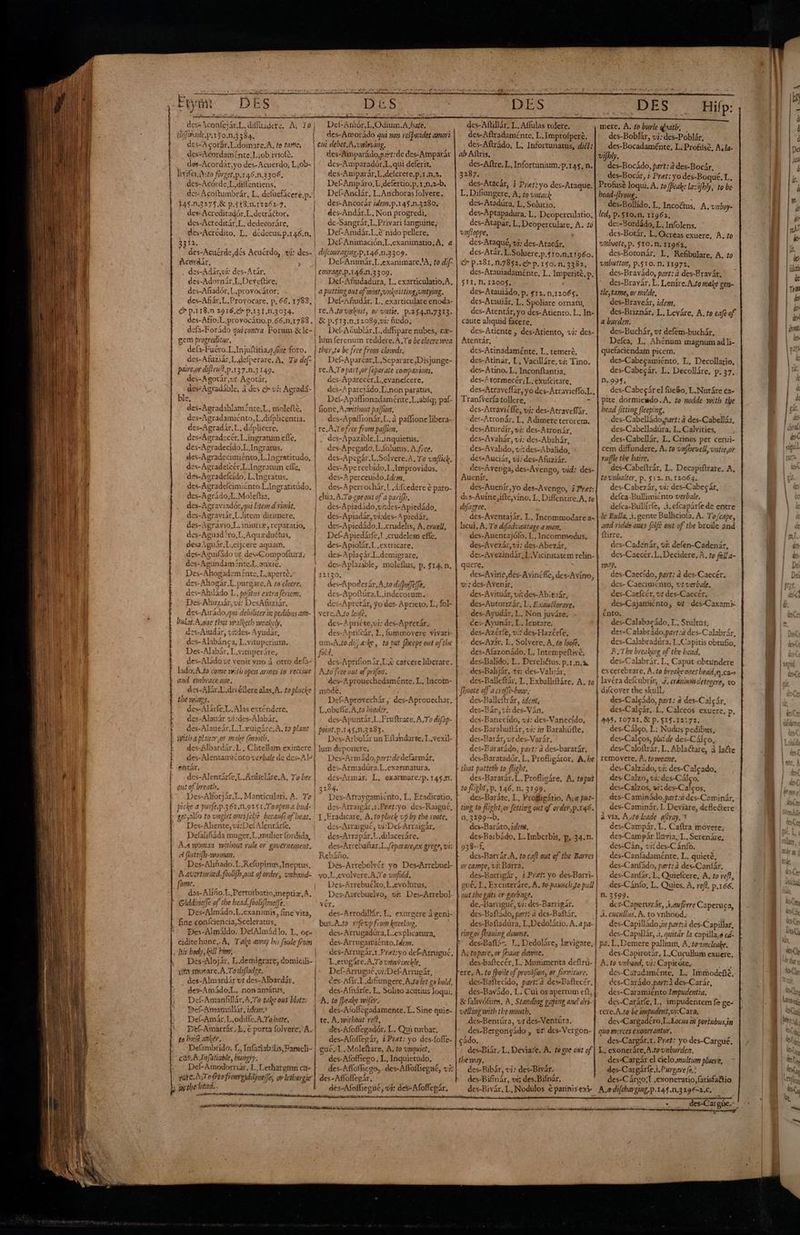 DES tjrs upper io diluadere. A, 10 clado ps 159.13 384. des-A corár,L. «domate.A, to tame, dessAcordam: mte. Liob.iviofe. des-Acordár, ,yo des-Acuerdo; L,ob- livife. Ato forget. p.146.n.3306. des-Aeór do I^ diilz :ntiens, de: Acoftumbrár, L, deluefácere. p. 145.0,3275.X p.518.n.12262-7. des-Acreditadór.L.detráctor, des-Acreditár,L, dedecoráre, pe L. dcdecus.p.146.n, 312. ir Acuérde,dés Acuérdo, vi: des- Acerdár, » . des-Adár,ui: des-Atár, des-Adornár LDeveftie e; des-Afiadór, L.provocátor; des-Afiár,L. Provocare, p, 66. 1783, Q p.118.n 2 2916, p.131.n.3034. des-Afío:L .provocátio. p.66.n,1788. defa-Forádo qui contra Forum &amp;le- Fymt— | gem progreditur, defa-Fuéro.L.Injuftitia,,gze foro. des-Afuziár,L. defperare.. A, To de[- pairesor difirufl px37.n.3 149. des-Agotár,uf. Agotár, des-Agradáble, à àdes ble, des-Agradablam? *nte;L, niolefté, es-Agradamiénto, L.difplicentia. des-Agradár,L. d; A TSER des-Agradecér, L ingratum efle, des-Agradecído.L Ingratus. des- -Agradecimiénto, L.Ingratitudo, des-Agradetcér.L. Ingratum elTc, des-Agradefcído. Es Ingratus, des- Agrade fcimiénto L, Ingratitúdo, des-Agrádo,L.Moleftia, des-Agrav iadór,qui [tem d'yusit, des- Agraviár, L.litem dirimere, des-Agrávio,L. iniurix, reparatio, des- Aguad^ 'ro,L, Aqux duétus, desaÀ gus ar. .eijcere aquam, des-Aguifido ut des-Compoftuira; des- Agundam: nteL anxie. Des- Ahogade -ménte, L.aperté, des-Ahogár,L. purgare, A to cleere. des-Ahiládo L « pofitus ext a feriem. Des-Aluziár, vj: DesAfuziár. des-Airádo,qui debiliter in pedibus art- bul, i Aone that vealketh veealely. dzs-Axudar, v; tins | Ayudár, de -Alabánca, L Yituperium, Des-Alabár, L vituper: ire, des-Aládo vt venir viro à otro defa- lado.A,to come vwitb open armes to rectime and embrace oe. des-Alár.L,divéllere alas,A. to plucke tbe Us. des-Alárfe.L.Alas exténderc. des-Alauár vi:des-Alabár, des-Alaueár.L.Lxüigáre,A. to plane : ub aplaner,or make (month. | syn Albardá u. L. Clitellam eximere des-Alentamiénto verbale de des- A7 entár, des-Alentrárle,L.Aniiclíre,A, To bee gut of breath. Qui Agradá- picke. a pur[e.p.361.n,9251. Toopen a bud- Des-Aliente,vi:DefAlentáríe, Defaliñáda muger. L.mulicr fordida, Aa wma witbout vule or governement. A flustrifla- 10047, Des-Ahfsado.L.Refupinus,Ineptus, A.avcrtimimd. fooli[b,out of order, onband- fome. dos-Aliño.L,Pertutbatio,ineptiz,A. ' GiddineJ]e of the bead. faoliflmejje. Des-Almádo.L.exanimis, fine vita, Des-Almáldo. DelAlmádlo. L. oc- vit mutare.A.To diflodge. des-Almardár vt des-Albardár, des- ^ ádo;L, non amátus, Def-Amanfillár.A, To take out blots; Del eco idem; Deí-Amá:.L.odiffe.A.To bate. Dt(-Amarrár, LE, € porta folvere; A. £o bot(t ankér. d orgia L. Infariabilis,Farmeli- as. A Infatiable, bungr): Def Ainodorriák, L.Lethatgttm ca- ¡Tofitofromgida pele, ov letbargie De Arr,  D A, hat. des-Amorádo qui non responder amori des-Amparádo,pyvt:de des-Atnparár des-Amparadór, L.qui deferit, des-Amparár,L.deferere,p.1.n.. Del-Ampáro, L.defertio.p. x;n.2-b. Def-Andár, L.Anchoras folvere. des-Ancorár ide. p.145.n.3280. des-Andár.L, Non progredi, de- -Sangrár, L.Privari languine, Def-Anidár.L.&amp; nido pellere, Def-Animación,L.exanimatio;A, 4 difcouragiag.p.x46.n.3309. Def-Animár.L.exanimare,!A, to dif Def-Añudadura, L. exarticulatio,A, Del«Añudár. L. exarticulare enoda- IC.A.fo-valpnt, oy vatie, p.254.n.7313. Def-AGublár.L.diffipare nubes, cx- lum fercnum reddere. A ,To be clecre wea ther te be frce from clowds. I JeFAparcar,L,Separare,Disjunge- re.A,To part,ot [eparate companions, des- Aparecér, L.evaneícere, des-A parejádo, L.non paratus, Dei-Apaffionadaménte,L.abíq; paf- fione, Aewithout pa[fion. des-Apalfionár,L, à paffione libera- re. A.Tofree from paffion. des-Apazible, L.inquietus. des-Apcgado.L.folutus, A.f7ce. dcs-Apegár.L. Solvere.A. T? vn[lick. des-Apercebído,L .Improvidus, des-A perceuido.Idcm Mur ad rochár.L.d: fzederc 2 € paro- chia, A.To coe out of à parifb. dus Apiad. ido sukdes- Apiedádo, des- Apiadár, vi:des-A piedár, des-Apiedádo.L crudelis, A. cruel, Def-A piedárfe,l «rüdeleid elle, des-Apiolár.L,extricare, des- Aplacá: L.demigrare, des-Aplazible, molefíus, p. $14. 0. 12130. des-Apoderár,A,to dipoJe/Je, Len -Npof túra.L.indecorum. les- RP. yo des- Apricto. L vere. A,to lonfe, des-? ^prié cteyui: des-Aprerár. des-Apri/cár, L, fummovere vivari- amsA,to.di/) arke , to but fhecpe out ofthe L.fol- dcs-Aprifionár.L.&amp; carcere liberare. A.to free out of prifor. ács-Aprouechedaménte. L, Incom- mode, Def-Aprovechár, des- -Aprouechar, L.obetle A «to biadér, des-Apuntár.L.Fruftrate, A,To difap- point. p.145.n. 3283. Des-Arbolár un Eltandarte. L.vexil- lum deponere. Des-Armádo.part:de defarmár, des-Armadüra.L.exarmatura. des-Armar. L, exarmare:p. 145.0. 3284. , Des-Afraygamiento, L, Eradicatio, des-Arraigár.1.Pret:yo des-Raigué, ] ,Eradicare, A. to pluck vp by tbe voote, des-Arragué, vi:Def-Arraigár, des-Arrapár.L .dilaceráre. des-Arrebañar.L./eparare,ex grege, Rebáño. Des-Arrebolyvér yo Des-Arrcbucl- yo.L.evolvere.A To unfold, Des-Arrebuélto, L.evolutus, Des-Asvrcbuelvo, us: Des-Arrcbol. vér, des-Arrodillár, L, exurgere à geni- bus.A.to rifevpfrom giceling. des-Arrugadüra,L .explicatura, des- -Arrugamiénto, Idem. des-Arrugár.1.Pret:yo de£Arrugué. L .erugáre,A, To vitwiimclle, Def- Arrugué,vi:Def-Arrugár, ces-Aftr.L.difiungere,A.tolet gs bold, des-Afnárfe. L, Solito acutius loqui. A. to fpeake wifev. des-Afoffegadamente. L. Sine quie- te. A.witbout vell, des-Afoffegadór. L. Qui turbar, Pole ¡Prat: yo des-foffe- gué,L. Moleftare, A, to vnquiet, des- Afofficgo. L. Inquietudo, des-Affofliego, des-Aflofliegué, «i: des-Affoffegár, des-Afoffieguc, vi: des- Afoffepár, dcs-Afüllár. L. Affulas tolere. des-Aftradaménte, L.Improfpere. des-Aftrádo, L. Infortunatus, diét: ab Aftris. des-Aftre.L, Infortunium.p.145, n. 3287. des-Atacár, j Pret:yo des-Ataque. L. Difiungere, A; to vntacie des-Atadíira. T: Solurio: des-Aptapadura, L. Deoperculatio, des-Atapar, L, pala A. to vnf[loppe, des- -Ataqué, Vi: des-Atacár. des-Atár, L.Soluere.p.$to.n.11960. C p.281, n.7852, € p.150.n. 3382, des-Atauiadaménte, L. doped p. $11, fi, 12005. : des-Atauiádo, p, $12. n.120€5. des-Atauiár, L, Spoliare ornatu, dcs-Atentár, yo des-Atiento. L. In- caute aliquid facere, des-Atiente , des-Ariento, vi: des- Atentar, des-Atinadaménte. L. temeré, des-Atinar, L, Vacilláre. vi: Tino. des-Atíno, L, Inconftantia, des-^ tormecériL,;exufcitare, des-Atraveflár, yo des-Atravieffo.L, Tranfverfa tollere, * dcs-Atravicffe, vj: des-Atraveffár, dc:-Atronár, L, Adimere terorem. des-Aturdír, vi: des-Atronár, des-Avahár, vi: des-Abahár, des-Avalido, vi: des-Abalido, des-Auciár, vi: des-Afuziár. des-Avenga, des-Avengo, vid: des- Auenír. des- -Auenír,yo des-Avengo, i Pret: dcs-Auíne,ífte,víno, L, Diffentire.A, to difagree. des- Aventajár. L, Incommodare a- licui, A, To difaduañtage a man. des-Auentajófo. L. Incommedus, des-Avezár,vi: des-Abezár, des-Avezindár, L.Vicinitatem relin- quere, des-Avirie,dés-Avincfle, des-Avímo, v: dcs-Avenír, des-Avituár, vi; des-Abituár, des-Autorizár, L, Exaubtorare, des-Ayudár, L. Non juváre, ces Ayunár, L. Ientare. dcs-Azérfe, vi? des-Hazérfe, des-Azír, L, Solvere, A, fo loofe. des-Afazonádo. L, Intempefté, des-Balído, L. Dereli&amp;tus. P.1.n,A des-Balijár, v: des-Valijár, des-Balleftár, L | Exballiftáre. A. to Jhaoote off a crafe-bow, des- Balleítrár, idis, des-Bán, ti: des-Ván, des- Banerido vi: des-Vanecido, des-Barahullár, vi: in Barahüfle, des-Barár, vt des-Varár, des-Baratádo, part: à des-baratár, des-Baratadór, L. Profligátor, A. be ¿bat putteth to flight. dcs-Baratár,L. Profligáre, A, t8put to flight, p. 146. n. 3299. des-Barátc, L, Profligátio, A;a put- ting to flight.ov fetring out of order,p.xg6. n, 3209--b. des-Baráto, ideis. des-Barbádo, L. Imbcrbis, p, 34.n. 938--f, des-Barvár.A, to caf? out of tbe Barros or campe, vi: Barra. des-Barrigár , 1 Pret: yo des-Barri- gué L, Exenteráre, A. fo pasuticbyto pull out tbe gats or garbage. de.-Barrigué, vs: des-Barrigár. des-Baftádo, part? à des-Baftár. des- Baftádira. L,Dedolátio, A. pa- ringor fbauing dove, des-Baftór. L. Dedoláre, levigare, A; topare, or [aue dove. des-baftecér, L. Munimenta deftrú- ere, A. to fpoile of provifion, or firnituro, des-Baftecido, part: a des-Baftecr, des-Bavádo, L. Cui os apertum cft, &amp; falivófure. A, Standing gaping and dri- velling with tbe mouth, des-Bentúra, vt des-Ventúra. des-Bergongádo , tn des-Vergon- cádo, des-Biár.L. Deviate, A. to goc ost of the way. des-Bibár, «i: des-Bivár. des-Bifinár, vi; des.Bifnár, des-Bivár, L, Nodulos € parinis ex mere. A. fo burle qnatb, des-Boblár, vi: des-Poblár. des- Bocadaménte, L. Profúsé, Asla- vif. des-Bocádo, part: 2 des-Bocár, des-Bocár, ¿ Pret: yo des-Boqué, L, Profusé loqui. A. to /Peakc lazijbly, to be bead-[Iyoug., des-Bollído. L, Inco&amp;us, A. vilboy- led, p. $10.n, 11962, de:-Bordádo, L. Infolens. des-Botár. L. Ocreas exuere, A. to UNbvote, p. $10. n, 11962, des-Botonár, L, Refibulare, A. to unbutton, p.510. n. 11972. des-Bravádo, part: à des-Bravár, des-Bravár, L. Leníre.A.to male gen- tle,tame, or milde, des-Braveár, iden, des-Briznár, L. Leváre, A. to eafe of a burden; des-Buchár, vt defem-buchár, Defca, L. Ahénum magnum ad li- quefaciendam picem. des- -Cabegamiénto, L, Decollatio, des-Cabecár. L. Decolláre, p. 37. n. 99, des-Cabegár el fueño, L.Nutáre ca- pite dormiemdo.A. to nodde with the bead fitting fleeping. des-Cabelládo,part: 4 des-Cabelláx, des-Cabelladúra, L. Calvities, : des-Cabellár, L. Crines per cerui- cem diffundere, A. to vn/hevell, vatie;or vuffle tbe baire, des-Cabeftrár, L. Decapiftrate. A to'vnbalter, p. $12. n. 12064. des-Cabezár, vi: des-Cabecár, defca-Bullimiénto verbale. defca-Bullírfe, ji, efcapárfe de entre lc Bulla, 3. gente Bulliciof. a, A. To/cape, and ridde oues fclfe ext of tbe broile and (tirre, des-Cadenár, vs: delen-Cadenár, des-Caecér .L.Decidere, A. te fall a- ay. des-Caecído, part: à des-Caecér., des- Caeciménto, vt verbale, des-Caefcér, vt des-Caecér. des-Cajamiénto, vt des-Caxami- énto, des-Calabacádo, L, Srulras, des-Calabrado,part:d des-Calabrár, es-Calabradúra, L.Capitis obtufio, A. The breaking of tbe bead. des-Calabrár. L, Caput obtundere excerebrare, A.to breake ones bead, ca lavéra defcubrír, 7, cráninihdetegere, to diícoyer the skull, des-Calgádo, part: à des-Calgár, des-Calgár, £. Calceos exuere, P. 445. 10721, &amp; p. $1$.12:72. des-Cálgo, L: Nudus pedibus, des-Calzos, lii de des-Cálco,. des-Caloftrár. L. Abla&amp;are, à à la&amp;e removere, Á. torocane. des-Calzádo, vi: des-Calgado, des- Calzo, vi: des-Cálco. des-Calzos, vi: uere X des-Caminádo, part: sá des-Cominár, des-Caminár. L Tierra, dcfle&amp;tere à via, A.tó leade afray.? des-Campár. L. Caftra movere, des-Campár llavia, L. Serenáre, des-Cán, vi: des-Cánfó. des-Canfadaménte, L. quieté, des-Canfádo, part: à des-Canlár. des-Canfár, L. Quiefcere, A. to efl, des-Cánfo, L, Quies. A. refi. p.166. n. 3599. dcs-Caperuzár, auferre Caperuca, A, cucullus, A. to vnhood, es-Capill: ido ji part: à des- Capillar, des-Capillár, 4, quitar la capilla;e ca- pa. L.Demere pallium, A. touncloake, des- -Capirotár, L.Cuculiur exuere, A.to vnbood, vi: Capiróte, des-Caradaménte, L. Immodefté. dcs-Carádo.part:3 des-Carár, des-Caramiénto Impudentia. des-Carárfe, L. impudentem fe ge- rere.A.to be impudent,v:Cara, des-Cargadéro,L.Locus 5i porirbus in quo merces exoneraatur, des-Cargár, 1. Pret: yo des-Cargué, L. exoneráre, A.tounburdez. des-Cargár el cielouzultum plsere, — - des-Cargárfe.i 1, Purgave fo, des-C árgo;T ,exoneratio,fatisfaftio A. a difchargiag. P-145.0,3296-2,C,' — : des.Cargüe.-