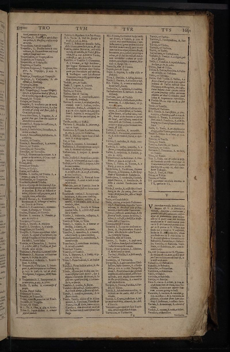 Uu (ont. ] fund, D, A4 , 1nél peo, L, 7 AA (en, 4 DL Qt Ad salero, era, n. omplqué, s HUP Lp Con. is UO carta, 0,À.d) LJ Ms polar, BO JL d y Late ndr nre, ve T7 i n rande, j hi t 10 1073: de trontotehs sario rant ter« il d Ni ly pu Jud: gundam Aot jn, A 4 (Qs I | I | | ] | DEus Ee P Rc aims qe m —À— —R— 5. 29 ITO. | | | | | | | | | | | | | | | | | | | | | | | tym: band company or troupe, Tropélias, L. Profili apud char- tas pictas, A; Sbuffling crafiie tricks al cards, Tropelládo, Part:de tropellar. Tropellár , L. Profternere &amp; con- culcare, A. To oueribrow and tread UpoR,to troupe ouer one. Tropézadéro, vt Tropecadéro. Tropezár,vt Tropécár. Tropezólo, vt Tropecófo. Trophéo,vt Troféo. Trópico, Trópicos,L.Tropicus, tro- pici, A, Tropiykes, p.499. n. 11744-2, Tropiéce,Tropiéco,vi: Tropecár. Tsopiéco , L. Cefpitatio, A. 47. offence, a. fumbling. Tropiecón, Idem, Trópiques, vt Trópico. H.L.Tropológia,L.Sermo Alegor;- cus,A. a fiearatiue kind of fPeech, i Grze:Tpówos figura Siadyoslermo, Troqué, vi: Trocár. Tróque, v? Truéco. Troquéo , L. trocheus pes tn verfu conflans exlonga&amp; brevi, A.a foot in verfe, of a long and [bort, diét: à rx: Tpóxos rota.  Trota convéntos, L, Vagator, A. A gadder that goes from one Couent or Mona[lerie to another. Trotadór, L. Equus fuccuSárius, A, a trotiing borfe. Trotár, L.Subfültáre, fuccuffare, A. 10 trot as a bere. Trote, L Succuffatio,fubfaltatio, A. a trotting. Trotéro, vt Trotón. Trotón, L. Succuffator, A, a trotter. Trovár, vt Trobár. Trovellin, vi: Torvellín, Trovéllio, vr Torvellín. Tróx, L, Granarium horreum. A. a garner to lay cornein, à Grzec: Tpa- yo, trogo, .i. comedo. Tróxe, idem. Trozár,ut Trocár. Trózo, vt Tróco, 'Truán, vt Truhán. Trúcha. L. truéta, vel Trutta. A, a tY0Ufe, p. 499. n. 11751-2. Truchamán, v? Trujamán. Truchucla,dim:de Trúcha. Trúco, el juego de los trucos,L.Lu- di quoddam genus,cum orbiculis in menfam. À. Play at billiards or billen, à Grec: rex o,curro,aut à Teoxós, rota, orbiculus. Truéca Burras ,-L. Commutáror Burdonum. A. acbanger of mulets, vi: Trocár e» Bürra. Truéco. L. Commutatio , commer- cium, A. Change, vir 'Trocár. Truéne, Truéno, vi: Tronár. Truéno. L. conitru. A. Thxeder, p. 490- D. 11597-1. Trucque;vt Truéco. Trúfa, L, Derifio. A. Mockery. Trufár. L. Deridere. A. to mocke, Trugilláno,vi: Trechél, Trugíllo. L. Genus quoddam rubri tritici, A. « finde of red wheate, ta dici:deYrugillo civitate Portugal : lizdict: L. turris Iulia: * Truhán, vt Chocaréto, L. Scurra. A.alefter, diff: q. Trufán, ab 7tal: 'Trüffa iocus derifie. Truhána.L,Parafita, A-a wuma Iefler Truhaneár. L. Momum velfcurram ' agere, A. to play tbe Iefter. Trubangaía, o truhanía, L, Scurri- litas. A, 1effinz. T Trujamán, vt Faráute, L.Inter- pres.A, dx Interpreter or truchman, p. 253. n. 7265--b. vel ab Arab: Trudgman, 1 urgman, ide € Bed. wel: : T. Trujamancár, L. Interpretari.A. to mterprete,p.253,N.7263- Trülla, L, turba. A, aconconrfe of people, Trúlos. Populi Indis. Trünco,vt Trónco. Trunfár, v? Triumfár. j Trúxe, uruxéfe,truxéra : vi: Traer. Ttüxillo, v? Trugíllo. Trúxo, vi: Tracr. H.L. Tu. A, Thon, p. 489. n. 11562. Túbo, L. Aquz-du&amp;us. A. 4 Water pipe or conduit. | | | | | | | | | | | | | | | | | | TVM Tubríi: L.Oppilare.A.to flop chincks. H.L, Tucía. A. Nil the fpavkles of braffe,p.328.n,8613. Tudél, L. Fiftula ex metallo fa&amp;a, diéta à (ono quem facit,tu cu, € Cob: Tudéla, civitas Navarre, ante dicla tuscla c tubálla,de Tubál, € Ga- ribay,lib.4. cap ,3-1tem vt Tordo, a tbrufh, p. 490. n. 11583. Tudéfco, vt Todéfco L.Germanus, A, a German , or bigb Dutcbma», qui lingue Germanica dicuntur Duytfchen ab eorum duce Tuílco quem pro Dee coluere pof? mortem, €. Verflegan: unde Lat: dicuntur Téutones,;tem pallij genus ad pyo- dum Germanicum. Tudído, parz, de Tudír. Tudír. L. Ligare. A, to biede. Tuérce, Tuérco,vi: Torcér. Tuéro, vi: Tizón, Tuérta, f: de Tuérto, Tucrtaménte. L. traníverfe,curvc. A, crookedly, bendingly. Tuérto. L. tortus, A;wiithedywre[led, crooked. Iter; L. Lufcus, cocles, vnoculus, ftrabo,A. a blizkatd, vi: p.44- h.1167.Squint-eyed,one eyed. Item L. Injuria. A. wrozg,ut à Tu- érto y derécho quo iure quad, in- iria, Tuéfte,tuéfto,vi: Toftár, Tuétano. L. Medulla. A. Marrow,p. 295.n. 804t. Tuetónico. L.Téuto.A. a Dutchiman, p.162. n. 35552. viz Tuldéfco. Tüfo, L. Denfus vapor ficut é bal- neis. A. a thicke vapour. Tui, vt Tuy. Tullído, L. torpens. A. benvmmed. Tullidúra, L. Excrementum accipi- tris. A. the mente of albaukee. Tullimiénto. L.torpor. A. Bezzx- ning. Tullir,Tullirfe.L.Stupelcere,torpé- fcere, A. tobenumme,p. 3 9.n.1039. Tullófe,vel fe Tulló.L.totpuit.A.bee became nume. Túmba,L.Buftum,Tymba,túmulus, A. acoffin,p.81.n.2138.4 Tumbe, P.500.11773-2. Tumbadera réd, L. Rete ad feras capiendas, A.azet ortoile to take wilde bea[ls . Tümbádo, part: de Tumbár. Item in formam tambe faci:ut Arcas tum- badas. Tumbándo venian,L.In caput am- bulabant, A.they come tumbling. Tumbár, L. Ruere, collib;, A. to tumble, or fall downe, di&amp;: de Gal: tómber, ide, Tumbaríllo, L. Arcula i» formam tumbe faa, A. a little cheff made like a Tumbe. Túmbo, L. Velutatio, collaptio, A. arowling, a tumbling. Tumín c Vrím, vi: Vrim, Tumór, L. túmor, A. a tWimour or fevelling, á túmeo, es. Túmulo, L.tumulus, A.a tombe, Tumúlto, L. tumultus, A. a tumult, a burly butly, q.timor multus. Tumultuaménte, L. tumultuofe, A. tumultuon/ly. Tumultuár, L.tumultum excitare, A. toraife a tumult. Tümva,vt Tümba. Tumvár, vt Tumbár, Tún, L. thynnus, A. a 1422), vi: p. $00. n. I1780-4. Túna, L. Ficus Indicus, A, az Indian fiege. Tunál, L. Ficus Indica arbor, A. tbe Indian fig-tree. > 'Tünda , eft pena que in aliquem fer- vumiafligitur vnde dicitur , dar à alguno vna tunda de cozes, A. To giue one a goüd knocking, à Lat:tun- do is, to kzocke. Tundído, L. confus, A. fherne. —— Tundidór del paño,L. tonfor panni, A.a Cleatb-workersa fhearev ofcloth. Tundír, L. tondére pannum, A. o fear cloatb. i Tunés, Tunéz, ciuitas efl in Africa minori, L. Tunétum, T hinifla c Tunes,étis, € Livio, Anno 1535. Carolus 5. eam devicit es eiecit ab illa Barbatóxa cz eam reftitmit fuo Regi | | | | | | | | | | | | | | | | | | | | | TVR H,L.Túnica,A.a Coste or Lacket witb- out fleenes, a Tunicle, p. 500, n. 11778. erat apud Romanos ( mo- lefta tunica) genus quidem fupplic borribile in mortem v[i, quta invola- Zu Vra In ca corpus patientis (tupà, bitumine, pice,refinà czrerifque rebus, &amp; fic face incenfá offsnden- tem terribiliter vrebant er confú- imebant,cuins fupplicii meminit,Mar- tial: 25, Epigr: lib: re, Tunicéla, dim: de Túnica, Tupído,part:de Tupír. Tupir, L. Stipáre, A. to (lop clifts or chinckes. Túra, L. Durátio, A. la/tiag,durance. Turár, L. Durare, A.to endure or laft. H.L. Türba, A. aronte or multitude. Item Twrfe ,feacole. Turbación, L, turbátio,A.troubling. Turbadaménte. L, turbaié. A. troa- blefomely. Turbádo, part: de Turbár Turbamiénto, L.Difturbatio,turba- mentum, A. a difluibance, vi: p. 151.18. 3400. Turbánte, L.mitra feu Galérus túr- cicus, A. a Turkifb bat, ov Turbant, of fiae linnen, vereatbed into a run- dle, broad at the bottome to put on tbe head , and leffening toward the toppe,di&amp;: de Túrbine, i, trocho; a toppe or gizge,cujus formam imi- tatur, 9 Cob: Turbár, L.turbáre, A. ?otrouble, Turbárfe, L. Perturbari,commove- ri, A. to be troubled, feared, or skar- red, Türbio, L. turbidus, A. thicke, trou- bled, puddle, Turbión, L. turbo, procella, A. a forme a tempeft,q.omnia turbans. Turbír, L, turpetum, A. Turbitb, p. 5OI- D. 11782. Turbulénto,L.turbulenzus. A. troz- bleous, p. 499. n. 11746-2-b. Türco, L. Turca, z. Turcus, A. 4 Turk, p. Sor. n, 11787. Turdetánia, L, Turdétum, Regnum Mopciz, .¡.Granatz, A. tbe King- dome of Granada in Andaluzia., Turdetános, L.turdetani, Türduli, populi Becicz, .i. Andaluzíz, fic dila à civitate, Turdetánia vbi vide, Túrdo,L.turdus,A, a f/h like a Tencb lining in tbe fea among [lones and vockes witb foure fius , alfo a Tbra(b or Mavis. Turía, v? Guadalabiár. Turín, civitas principalss Pedemon- tij, L.Taurínum, Augufta Tauri- nórum, A. tbe cbiefe citie of Pie- mount, ultitudise Taurorum. Türma,;L.refticuli animalium,A.the ftones of beafts, turma de tiérra, L. túber,A. a Puffe,a Bullfiflya Mufh- rom, dil: à Tumóree, Túrmas,plar: de Túrma» Turméra, L. Locus vbi crefcunt tu- bera, A. Tbe placewbere Fusballs grow, alío tbe berbe called Yurmé- ra,'rowine by Turma, Turmilla, dem: de Túrma. Turnio, L. Strabo, A. gogle- eyed, vi: Tuérto, Item fignificat boiginem vultu feverum &amp; iratum, Túrno, v? por fu turno, L. Alterne, A. By biscourf? or tuvne, Turón,L.Nitclla, A. a freld-moufe, vi; Turrón. Turonéro, vt Turronéro, Turquéfa, L. Lapis czruleus Thal- laffítes, lapis cyaneus, A. a Turkie flone; p. $01. n. 11788. Yurquéfa, etiam L. Proplafma iz duo globuli argillacei conficicumtnir dick:d tor- quendo, quia Argilla tomprimitur in ifto proplifmate, A. a mould to caft clay bullets in. Turquía, L. Türcia, Turchia, A.Twr- kie, vi: Türco. Turrár, L, Ad carbones torrére, A. to broile on the coales, dict: à Tor- réndo. J Turrón. L. Copta,cruftulum. A. bif- ket made eitb bony, Almonds, &amp;c. dici; à Yurrár. Turronéro,g4i cequit do facit 'Turr o- nes, »vhicb mahetb (uch bisket. Turvación, vf pe: 3 A scc ————— mm oa A A UU UT UU camas DONAR, ae) pimus eru ur TVS Turvár, vt Turbár. Turvíno,L, Ter ¡ on ebynthina, A. Tar- Türvio, v? Türbio, Turvión, v? Turbión, Turvít, vt Turbít, UE vt Turbulénto, ulador, L. Toníor. A. a c]; - ler, or (Beaver. Dian Tufàr, L.Tondére.A to poll ibe baire fo clippe, p. 77.n. 2050. f Tüíca, fem: de Tüfco. Túlcia. L.Tufcia,Hetrúria.A Tufega Ate mltaly, vi Tofcána. * Tüfco, vt Tofcáno. Tulón. Gal: Toifón. L. Vellus, A.z fleece of weoll,p.r97.n.$091.eqiritiz ordinem de Tufón infütuit Dux Philippus de Burgónia, 47: 1489, Cuts infígnia erant catena aurea ad qui pendebat vellus auratum alikdezs ad illud Colchidos quod ^ pon S Argonauta repetebant , » a3. CAD. 22. SA. Monarch: Vail eue ek Tutár, vt Tutelár, lucno,v: Tuétano. H.L. Tutéla. A. Tutorfbippe, p. $00. 411772. A Tuition, p.428. n.16448. Tutelár. L. Turari, A. zo tutor or de- fend, Item L.Tutelaris, A. of or be. longitig to a TutorGuardianor de- fence. d i Tutía, L. Tutia, A. an Apothecaries drugge,called Turrie,go0d for brufes. Tutór. L. Tútor. A. a Tutor, p. $02. n.11803. Tutoría, vt Tutéla, Tüve, vi: Tenét. Tuviéra, Tuviéfle, vi: Tencr, Tuviéron, vi: Tenér. Tuvímus, L, Tenuimus, A. we beld, vi: Tenér. Túvo, vi: Tenér. Tüy. L. Tyde, ciu: €» caflel: in Hisp: de Diomede quando revertebat de Troia momen po[nit patris fui Ty dei Garibry,lib.4. cap. 21. dicit voca. batir Tudegár, Tuyo, L. Tuus, A. Tbize. Túzia, vt Tüfcia. Tuzón, v? Tufón, TY quecunque vocabula invenies in T Y, queras in Tl, WE IPS M V Interdum vocalis interd Cón- fonans efi. V. is fometime a vewell, /ometime a con(onant , quando uerà efl Confonans confun- ditur. cr pronuntiata apud Hifpa- nos vt D quare cum nan invenies vocabulum in V conlonante que- res in B de conver/o quando mini. me in B queras in V. When you finde not a word in V con[onant, looke in B. 4Mbin like fort, when you finde not in B. 2hez looke to V. Exemply gratia ye Vavadéro,vj: Babadéro, Vavatéles, vi; Babaré- les. Vavórda, vi: Babórda. Vavi- lónia, vi: Babilónia, Sic, cum in- ngmeris alys, Va, vide yr como os va ? E; Quomo- do tecum eft ? A. How gocth 32 with yo4 ? me va bien mecum bene eft, it is well with mee. Vabadéro, vi: Babadéro, Vabadór, v? Babadór. Vabatéles, vt Babatéles. Vabilónia, vt Babilónia. Vabór, vt Babór. Vabórda, vt Babórda. Vabúja, vi: Babúja. Váca. L. vácca. A. Cow, p. 104. n. 2548.Item fem: de vàco,váca To- riónda, i.vécaqme appetit Tau- rum. acowe going to bull. Vacación, L. vacátio, A. vacation p. $03. n.11831-1. &amp;-2, vacación de pleytos , vacation from Law-plea- dings.L.Iuftitium, 1.ceffatio Iuris. Vacáda, L, Armentum, A. a herdeof cowes. Vacádo, L. vacans, A.voide,at leifure, Vacaláos, vt Bacaláos. Er. Vacáncia, | | AAA, —— o Ei Rari caosa, Vel p CUP ires ran i Vd Gri caf. erar pa A Y e eem T Y | | pun, SN tusOMarY VINONDUSPOHERCFEGÓ damp tmanew! E PET AN | l ] i !1 1 | | | | | j ] | 1 EY ¿