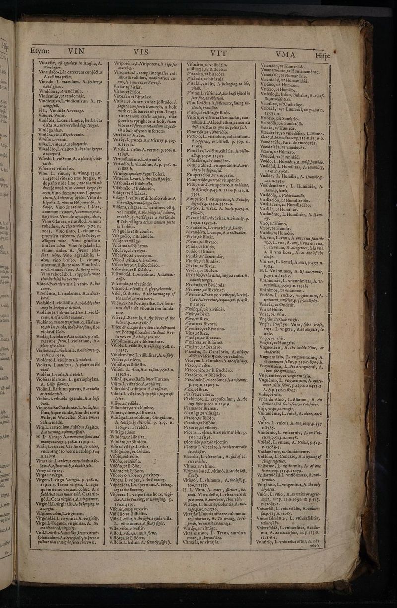 we Hip S IN ) Vil US bag | 38a, Orc lar n. D ja I le fh. À, Vip ! | l du | | ih. Al Ea Ande, LU , Adi ow Mem, To od i, pos. tli, [ere A, || | | | |! | | l in pa, villa Judicio pg poros is Ayili), s QUIS jt Citt, 10, Bet] Viene, hys (dy Mh. m ns, opt Unt vendunt Trid jio 4 - Vincéfle, ef? oppidu in Anglia, A. Winchefler. Vinculado.L.in carcerem conjé&amp;us . A.caft into prifou. Vínculo. L. vinculum. A. fetters,a band.gives. Vindémia, vt vendémia. Vindemiár,vt vendemiar, Vindicatívo.L.vindicatívus. A, re- uengefull, HL, Vindiéta,A.renenge. Víne;vi: Venír. Viniéb/a, L.canislingua, herba ita di&amp;a.A.a berbecalled dogs tongue. Viniéga idem. . Viniéra,vinicfe,vi:venir, Vinífte vi: venír. Viíüa,L. vinea, A.4 vinejarde. Viñadéro,L.vinitor.A. be that keepes avineyard. Viñedo.L.vinttum,A. a place of vint- yards. Viñéro vt viñadero. : Víno. L. vínum, A.'ixe.p.534.N. 12436: el víno no trac bragas, ni de paño nide lino ,oze thatrhath drunke mich wine cannot kcepe fe= crets,Vino de mancanas.L.poma- cium.A.Sider or of apples. Viño de Efpaña. L. vinum Hifpanenfe, A. Sacke, Vino de ración, L.lóra, commune vinum, A.cozzmon,ordi- nar) Wine. Vino de aguapie, idem, Víno Claréte,o tintillo;L.vinum rubellum, A. Claret wize. p.75.n. 2021. Vino tínto. L. vinum ni- grumfeu rubeum. A,bo!locke, or Allizant wine. Víno grucíloo tintázo idem. Víno regalado L., vinum dulce. A. fveete plea- faat wine. Víno agradáble. i- dez, víno brúlco. L. vinum, afperum,A.(barpe wine. Vino bról, no.L.vinum forte, A. firong wine, Víno rebotádo. L. váppa.A. wine that bath lofl bis vertue. Vísto 4/Pret:de venic.L.venit. A. bee came. Vinolénto, L.vinolentus. A.a drua- kard, Violáble.L.violàbilis.A. violable that may be broken or defiled, Violádo part:de violár,Item.L,viold- ceus,A.ofa violet coulour. Violante, nome proprinm, q. Hialan- te,ab ¿os,viola, &amp;z 7d'««, Nos, los violzx.4 Cob. place ofw.olets. — : Violéncia,L.violentia. Awviolence, p. 508.n.11916. Violénto.L.violéntus.A.violezt. Violéro, Lgmuficus, A.player on the viall. ; Violéta,L.viola,A.a violet. Violétas blancas, L. garriophylza, A. Gilly flowers. : Violín.L.Barbitus parvus, À.a vieliz or treble viole. Violón.i. vihuéla grande. A.a bafe violl. ; ViqueciuitasCataluniz.L.Aufa, Au- íóna,Aquz calidzItem the cown Wiche, ¡in Worcefter Shire where Saltis made, Víra.L.verticulum, fubfcus, fagitra, B.a turniag,a pinne,a fhaft. H LE Virágo A.awoman of font and manlycourage.p.$o8.n.11919-I. Virár,L.yvertere.A.to turme, to vetere, vnde Ang: to veerea cable.p.504 n.118$9. Viratalón,L.calceus cum duabus fo- leis. A.a fhose with a double fole. Virey vt virrey. Virga vt vérga. Vírgen. L.vírgo.A-virgin. p. $08. n. 1192-1. Tierra vírgen, L.ager quém nemo vnquam coluit. A. freldebat was nener tild. Cera vir- gé.L.Cera virginis, A.virgin wax, Virginál.L.virginalis,A.belonging to a irem. Virgíneo idem,L.virgineus. Virginidàd L.virginitas.A. virginity. Vírgo.L.Eugium, virginitas, A. tbe maidenbead,virginity. Viril.L.virilis.A mazlike Ite; vitrufn fplendidum.A.cleere gla(fe to keepe a piéture that it may be féene thorow it. ln AO AN TA, ARI RT, PD AAA APA A oun] aai | | | | | | | | | | | | | Viripoténte,L.Virípotens, A. ripe for marriage. Viriquétos.L. campi inequales col- libus &amp; vallibus; quafi varios co- tos,A owarrez or Forrefi. Virlár v; Birlár. Vírlos v? Bírlos, Virotázo Ut Birotázo. Viróte vs Biróte viróte joftrado. ¿, fagitta cum fervistramverfit, a bolt with croffe barres of yron. Traga virotes homo ercóto corpore, char goeth as vprightas a bolt, etia; VILO CC 657 ferrum rotundum in. pedi- .£ a bolt of yron infetters. Vtrréte vf Biricte. Vnréy.L prorex. Aa Viceroy p.507. n.II9222, Virtád.L virtus. A. vertue. p.506; n. 11888, ' Virtuofuménte.L.virtuofé. Virtuófo. L. virtuófus, A. p. 506. n. 11888. b. Viruéga oppidum Regi Toleti. Viruélas.L.vari.A.tbe fmall pockes. V.fabucla v Bilabucla, Vifabuélo vt Bifabuélo, Vi(dcas vt Bizázas. | Vifige-L.vultus &amp; diftorfio vultus. A tbe vifageyor makinga face. Vildgra,vifagras. L. cardines ofi; vel menfa, A:the binges of a doore, or table, q. veríagras a veríándo € Cob: vil gra etiam nomen porte in Toléto. Vifaguela vt Bifabuéla. Vifaguélo,vt Bifabuclo. Vifije vt vifáge. Vifárma v? Bifárma. Vifcáya;vt vizcáya. Vi(cáyno,v? vizcáyno. Vilco.L.vifcus, A.birdlime. Vifcochéro vt, Bifcochéro., Vifcocho t Bifcócho. Vifcofiddd, L.vifcófitas. A.clamni- neffe. Vifcónde,vt vizcónde. Vifcofo.L.vifcofus.A.gluye,clamrie. Vifel, G.Bifeau, A.tbe turning up of tbe end of an yron barre. Viléo,cinitas Portugalliz. L.vifonti- .um di&amp; :-de yilontio ei»4 funda- tore. Viféra,L.Buccula, A. thy bever of tbe belziet.p.40.n.1o80. rex Portugalliz duci ita dixit Avi- fo voseu 7 aduixe you. &amp;c. Vifibilménte;vt vifibleménte. Vifible.L.vifibilis, A.vifble. p:508. n. 11927. Vifibleménte.L.vifibiliter,A. vifibly. Vifiéra vt viléra, Vifiéfto,v: Bifiéfto. Vifión. L. vífio,A.a viffon.p.$08.n. 11928-r. Vifir.L.primus Baffa inter Turcos. Vifita.L.vifitatio, Aa vifiting. Vifitadót.L.vifitátor.A.a vifrtour. Vifitár.L.vifitáre.A.to vif/te,to goe oft tofee. Vifivo,vt vifible. Viflümbre;vt vizlúmbre, Vi(mas,viímes,ut Bízmas. Vifnága L.cerefolium, Gingidium, A. tootbpicke chervill. p. 493. f. 11649-c. ul: vele(a. Vifnágras;des. Vifniéta,ut Bifoicta, Vifniéto,v? Bifnicto. Vílo vt vifáge.L.vifus, Vifogódos, vi:Gódos. Vilójo,uBifójo. Vi(ófia,v? Bifóña. Vifóño,vl Bifófio, Vifónte vi: Bifónte. Viforey o viforrey t virrey. Vifpera.L.vefper, A.tbe Euening. Vifperádas;L.v«fpertinus.A, belong- img totbe Euening. Vifperas.L. vefpertinz horz, vigi- liz.A.the £uening, or Euen(ong. pe 180.n.3897. Vifquír antiq: vt vivir. Vi(fiéfto vt Bifficfto. Vífta.L.vifus, A.tbe figbt.aguda vífta. L. vifusacutus,A.fbarp fight. Vilte,vífto,vi:yeftír. Vifto.L.vifus,a,um;A. fcette, Viltórca, vt Biftórta. : Viftófo.L. bellus. A. feemely, f;ghtly. Viftuàrio,v! veftuário. Vaftuérra,viBiftuérta. Viracóra,utBitacóra. Vitácula, vt bitácula. Vita), L,vicális, A.belonging to life, vital, Y itima.Luvíótima.A.tbe beaf killed in facrifice,an oblation. Vito. L.ví&amp;us.A.fuflenance, liming vi- Guals,pronifion. Vitóryvt vi&amp;ór, dr Bitór. — . Virória,vt vi&amp;tória Item ciuitas, can- tabriz.L.Alába,Bellica,camarica ditt: a vi&amp;oria que ibi potita fiit. Vitoriófo,ut victoriófo. V uríolo, L. vitriolum, calcánthum. A.copperas, or vitrioll. p. 509. n. 11934. Vituállas,L.vi&amp;us;cibària. A-victu- alls .p.507.n.11905. Vitualléro,ut viuandéro. Vituperáble.L.yituperábilis.A.wer- 1by to be difpraifed. V'ituperación,vt vitupério. Vituperádo,part:de vituperár. Vituperár.L.vituperare,A.to blame, 1o difprai(é.p.43 n. 1144» p.143. D. 3366. Vituperio. L.vituperium,A, Rebuke, difpraife,p.149.n.3366-b. Vivice. L. vivax. A. liuely.p.279.n. 7806-b. ; Vivacidád.L .vivácitas.A.vivacity. p. $09.D.11935-2. Uivamente,L.vivacitcr,A.luely. -Vivár,vi Biuár. Vivato;ut Bívaro. Viúda,u! Biúda. Viúdo,ut Biüdo, Viudár,ut Embiudár, Viudéz,vi; Biudéz. Vivéro,vt Bivár, Vivéza,vt Biuéza. Viviebla,berba diéta,lingua canis.A, bounds tongue. Viviénda,vt Biviénda. Viviénte,ut Biviénte. Vivificár.i.Pret: yo vivifiqué.L.vivi- cáre.A.to revine,toquicien, p. 418. N.10191. Viyir,vt Bivír. Vivoyst Bívo. Vivora,vt Bívora. Vivorino;vt Bivoríno. UÍza,ut Bixa, Vizácas,vt Bizavas. Vizárma,ut Bifárma. Vizárro,vt Bizárro. Vizcaya, L. Cantábria, A. Biskaye dict: a vafcis € cob: vi:valcúña, Vicayno.L.cántaber.A.eze of Biskay. Vízco,vt vífco. Vizcochéro,vt Bifcochéro. Vizcócho,ut Bifcócho. Vizcónde.L.vicecómes.A.a vicennt, p*507.n,t 1903-2. Vize,yvt Bize. Vizéra,vt viféra, Vizlümbre.L, crepufculum, A,2be Iwy-ligbt p.so2.n.11919. Vizmas,vt Btzmas. Viznága,vl vifadga. Vizójo,vt Bilójo. Vizoñoyut Bifófo, Vizorey,ut vilorey. Vicera.L. v]cus. &amp;.an vlcer or bile. p. $05.n.11936. Vlcerádo part:de vlcerár. Vlcerár L vlceráre.A.2o vlcer orraife to a blifier. Vlcerófo, L. vlcerofus , A. fall of ul- cers or biles. Vltima, vt vltimo. Vltimaméate;L.vltimó, A.at tbe laf?, finally. Vitimo, L.vltimum , A.thelaf, p. 266.n.7587. H. L, Vltra, A. more , further , be- Jond. Vltra defto, L. vltra vero &amp; praterea, A.morequer, then tbis. Vltráge, L. luiuria,violentia,A. 04t= Yage,p.95.n.2376. : Vltrajár,LlIniuria afficere.calumnia- re,iniuriare, A, To wrong, tore- procb, to commit an outrage. Vltrdje, vt vltráge. Vlta marino, L. Trans, aut vltra mare, A, beyond Sea. Vltraxár, v? vitrajár, VMA Vmanádo, vt Humanádo : Vmanaménte,ot Humanaménte, Vmanidád, v? Humanidád, Vmáno, v? Humano, i Humázo, mbalo,L, Bifon, Bub : - fle, or wilde Oxe, E Vmbilico, vi:Ombeligo. Vmbrál, vj: Lumbral, vi: P-489'n, 11571-2, Vmbrio, vis Sombrio.. Vmbrófo, vi: Sombrúfo. Vmeár, vt Humeár. Vmedecér, yo vmedéfco, L. Hume. Care, A.to moiflen vi:p.312:m.8339-b. Vmedecído, Part: de vmedecér, Vmedefcér, vt vmedecér. Vmero, v: Hámero. Vmidád, vt Humidád. Vmido, L, Húmidus,A. m0fthumide, Vmildàd, L. Humílitas , A. Husrility, P.241.0.5956, Vmilde, L. Humilis , A. Hurmblesp. 241.0.5954- Vmildeménte , L, Humilitér, A. Humbly, lowly, Vimildófo,.i, Palde humilis, Vmillación, vt Humillación. Vmilladéro, vt Humilladéro. Vmillár, vt Humiliár. dede L. Humiliter, A. Hum- ly, Vmo, vi Húmo, Vmór, vt Humót. Vn, vno,L. vnus, A.one, vna fam:de Yno, L. vna, A. one, à vna en yna, L. in vnum, A. altogether, ¿Ja vna 4 à vna hora, A. at ome of tbe clocke: Vna vez, L. Semel, A. once, P-337.M. 8784. H. L. Vninnimes, A. Gf oneminde, P.307.n.8248 c. Vnanimitá4, L. vnannímitas, A, Ya nanimitie, p.509.n.11948, Vndnimos , vt vnánimes. Vnción, L. vn&amp;io, vuguentun A. eyntinent, vnilim, p.22 $.n.8767. Vndeár; vt Oldedi t pi Vne vt Hüne. Vnga, vi: Vfir. Vngido; Part:ab vngír. Vngír , Pref yo. Vajo, (ab: prefe, vnja, L. vngere , Ado añoyate, to oynte. Vngo, vi: vir, Vngria, vt Hungria. - Vnguenéco , A. tbe wilde Vixe, or bindewith. Vnguentário, L. vnguentaxjus, A. aA oyntment feller,p335.n.8767.b. Vnguentéra, L.Pixis vnguenti, A, abox for eyntzzent. Vnguentéro, v? vnguentário, Vnguénto, L. vnguentum, A. oynte- ent , alo. falue, p.429.n.10471-1. A, &amp; p.33 5.1.8767. Vnha,vt vña. Vnha de Aíno , L. Afarum ,. A. 4n berbe called foalcafoot,or Colif-foor. Vnja, vnjo,vi: vngír. Vnicaménte,L. vnicé, A. alone, ogee ly. Vnico, L. vnicus, A, 0ne,6nely,p.337 n.8785. Vnicórnio, L. vnicernis , A.az Pai COT, p-513-n.12078. Vnidad, L. ynitas, A. Vzitiej p.g13. n.12084-1. Vnidaménte, vi:Iuntamente; Vnidúra, L. Conexio, À.aioyzing of tbings together. Vniforme, L. vniformis, A. of ene forme,ui:p.S13.P.12079+ Vniformidád, L. vntfórmitas, A, vs- formitie. Vnigénito, L. vnigenitus, A. the ogly begotten. Vnión, L. vilio , A. a» vnion or agree» ment, vi: p. 22n4163$. &amp; p.513. n.12081-2. . Vniuerfal, L. vniuerfális, A. vziutr- f(abp.513.n.12085. Vniuerfalménte , L. vniuerfalicer, vayilerfaliy. d Vniuerfidád , L. vniuerfitas, Acade- mia, A. az vniuerfitie, vi: p.513-n. 1208-6-1. Vniuérfo, L- vniuerfus orbis, A. The whole | | | n | i *- 1 i |