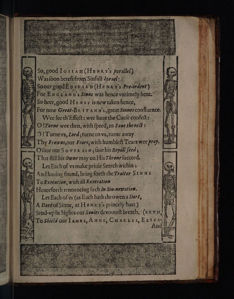 So,g00d losran(Henary's parallel ) Wasfoon bereft from S infull Zzrael >: = Soour good Ep pvvsrp(HENKY's Precedent) For Enc LAN v's Simms was hence vntimely hent.* 4150 heer, good Hz nay isnew taken hence, For now Great-Br tr an n’s, great Sinnes confluence. Wee fee th’ Effect: wee haue the Caufe confett : O!Turne wee then, with {peed,to Same the rest : j<)! Turnevs, Zord ;turnc to vs, turne away Thy Frowas,our Fears, with humbleft Tears wee pray. Ofaue ourS over ain; fauchis Royall feed; That ftill his owwe may on His Throne fucceed. Let Each of vs make priuie Search wichin 3 And hauing found, bring forth the Trattor SIN NE ESSAI To Execution, withall Exeeration 84 Henceforth renouncing {uch Js Sin-mewation. | Let Each of vs (as Each hath throwena Dar?, A DartofSinne, at HzNnx y's princely hart ) Send-vpin Sighes our Seales devoutelt breath, (8 TH,’ | To Shield ourlamas, ANNE, CHARLES, ELIza-, 5 And | neces WALLET ETA ETRE San A tS I Bas, ir ~ AO i et