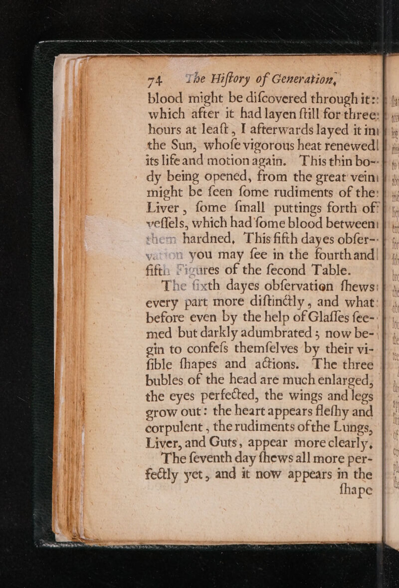 which after it had layen ftill for three: } hours at leaft , I afterwards layed it in its lifeand motion again. This thin bo--} dy being opened, from the great vein) might be feen fome rudiments of the veffels, which had ‘fome blood between} } i ‘ » you may fee in the fourthand fift Sicares of the fecond Table. every part more diftincly, and what: | before even by the help of Glaffes fee- med but darkly adumbrated ; now be- gin to confeis themfelves by their vi- fible fhapes and actions. The three bubles of the head are much enlarged, the eyes perfected, the wings and legs grow out: the heart appears flefhy and corpulent , the rudiments ofthe Lungs, Liver, and Guts, appear more clearly, The feventh day fhews all more per- fectly yet, and it now appears in the fhape