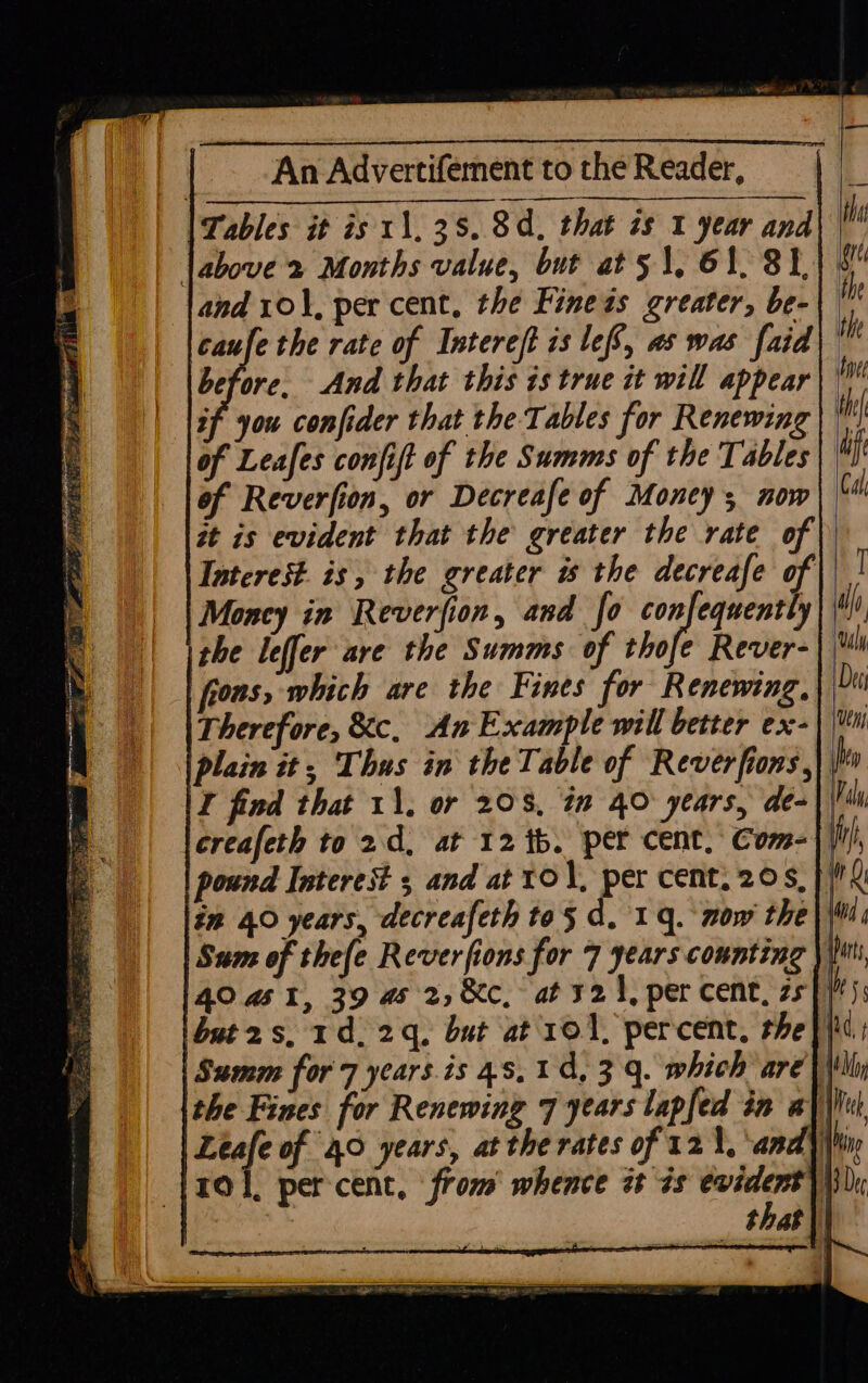 Tables it is 11,35. 8d, that is 1 year and | labove 2 Months value, but at 51, 61, 81, and rol, per cent, the Fineas greater, be- caufe the rate of Intereft is lef, as was faid) before. And that this is true it will appear if you confider that the Tables for Renewing of Leafes confift of the Summs of the Tables of Reverfion, or Decreafe of Money; now #t is evident that the greater the rate of Interest is, the greater is the decreafe of Moncy in Reverfion, and fo confequently the leffer are the Summs of thofe Rever- frons, which are the Fines for Renewing, Therefore, &amp;c, An Example will better ex- plain it, Thus in the Table of Reverfions,}| ' find that 11. or 208, im 40° years, de-|) creafeth to 2d, at 12 tb. per cent. Com-) pound Interest 5 and at 10 1, per cent, 20s, } in 40 years, decreafeth to5 d, 14. now the} Sum of thefe Reverfions for 7 years counting |i 40 41, 39 4 2,&amp;c, at ¥2 1, per cent, zs) bat 2s, 1d, 24, but at 101, percent, the} ii Samm for 7 years. is 48,14, 3.9. which are} the Fines for Renewing 7 years lapfed in ay iui mol of 40 years, at the rates of 121, ‘and yin tO], percent, from whence zt is evident)