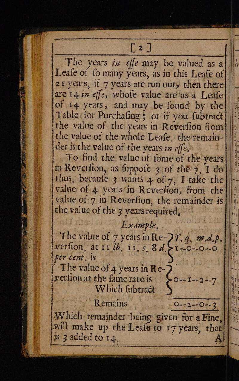 [2] a The years iz effe may be valued as a} ||; Leafe of fo many years, as in this Leafe of 21 yeats, if 7 years are run out, then there are 14.7” effe, whofe value aré'as’a Leafe Of 14 years, and may be found by the Table: for Purchafing ; or if you fubtracé the value of the years in Reverfion from). : | the value of the whole Leafe, the'temain-} | der isthe value of the years in effe. To find the value of fome of the years in Reverfion, as fuppofe 3/of thé7, I do} thus, becaufe 3: wants 4. of 7; I take the]/ ivalue of 4. yeats’in Reverfion, from the Hy | value of: 7 in Reverfion, the remainder is }}|‘, the value of the 3 yearsrequired, hi : Example, | The value of 7 years inRe-)Y.q, 7.d,p. lwerfion, at 1x /b,. 11, 5, 8d.$1--0--0--0 {per cent, is ’ The value of 4 years in Re- verlionat the famerateis' $o--1--2--7 Which fubtra@ Remains 0-+2--0--3 Which remainder ‘being given for a Fine, will make up the Leafe to 17 years, that}]