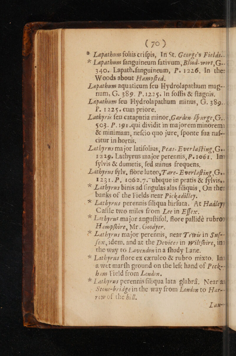 d E LC PNE A69 7 t * Lapatbum fanguineum fativum, B/cod. 3 ^r *u s x b $ - $ 9 Woods about Hampffed. Lapatbum aquaticum fen Hydrolapathum mag- num, G. 389. P.122 . In foffis &amp; ftagnis. Lapathum feu. Hydrolapathum minus, G. 389. F. I 12.5; cum pri Ore, Latbyr 25 feu c cataputia unor,G arden. pui ft ? On $03. P. : ge: VR dividit in major &amp; minimam ly citur iiibor tis. itbyrts major M , Peas- Everlasting,Ge ajOr peren his di 6I. In fcd n minus 1 frequens, ste 6 P] ioa of the Fields near Pickadilie J. L atby Catile two mile s fro om Lein Effes Y 7X Lar] byr u$ major ar ngu 1l ftifol. flore palli ide C rubro: : Him pfhire, Mt. Goodyer. X , Rear Tea in Saf- bn hyrus major pere 'nnis ftx , idem. nda Ts pet Device. rin ng iti die way to Lavendonina fhady Lane. * Latbyrus dre : ieu: rubro mixto, In a wet marfh ndis die jn the left ha Mie P. che bim Yield from Londen, she y D ! v f : 2. * Latbyras perennisfiliqualata glabri, Near as] DNE EIU ROUEN s AUS TR. einthe Way itom Lonsop tO Har-