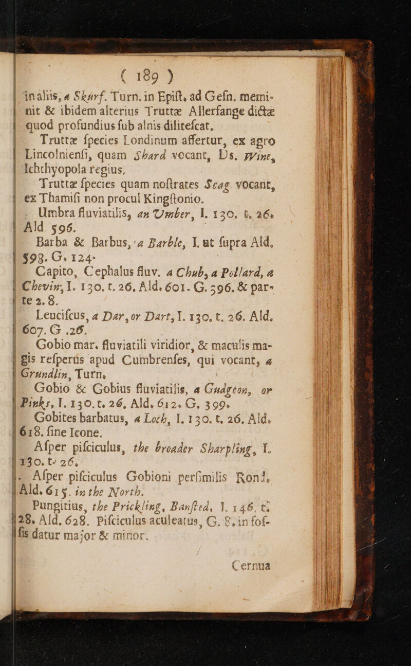 | inaliis, « Sborf. Turn. in Epift, ad Gefn. memi- | nit &amp; ibidem alterius Truttz Allerfange dicte VEM | quod profundius fub anis dilitefcat. TI Truttz fpecies Londinum affertur, ex agro IA | Lincolnienfi, quam 55ard vocant, Ds, Wint, Ichthyopola regius, | Truttz fpecies ie nofirates Seas vocant, ex Thamifi non procul BRI. Umbra fluviatilis, s Ueber, I. 130. &amp;. 26 | Ald. $96. Barba &amp; farbus,'« Barbie, T. ut fupra Aid, $98. G« 124- Capito, Cephalus fluv. a Chub, a Pollard, &amp; MIO | CLeviz, I. 130. t. 26, Ald. 601. G. 596. &amp; par- va [te 2. 8. TEAM |. Leucifcus, « Dar,or Dart, Y. 130, t. 26. Ald, | 607. G .26. Gobio mar. fluviatili vitidior, &amp; maculis ma- | gis refperüs apud Cumbrenfes, qui vocant, 4 | Grusdlisn, Turn. Gobio &amp; QGobius flavia tifis, | &amp; Gudgenn, or I j Pigh, 1 I. 130. t. 26, Ald, qi G. 290. WA | Gobites barharus, 4 Loth, I. 130. t. 26. Ald. | 1618. fine Icone. | Afper pifciculus, tbe Pyoader. Sbarpling, I 130. t- 26, l. Afper pifcic ulus Gobioni perfimilis Ron. Us — i Ald. óis 131 the d ids | Pungitius, the Prichl d pus fied, Y, 34875 | 128. A Ald. 628. Pifciculus aculeatus, GC. £,in fof- ]/s datur rmaior &amp; mint | | 1i! rd a - 4 prn V Cli iua | l ||