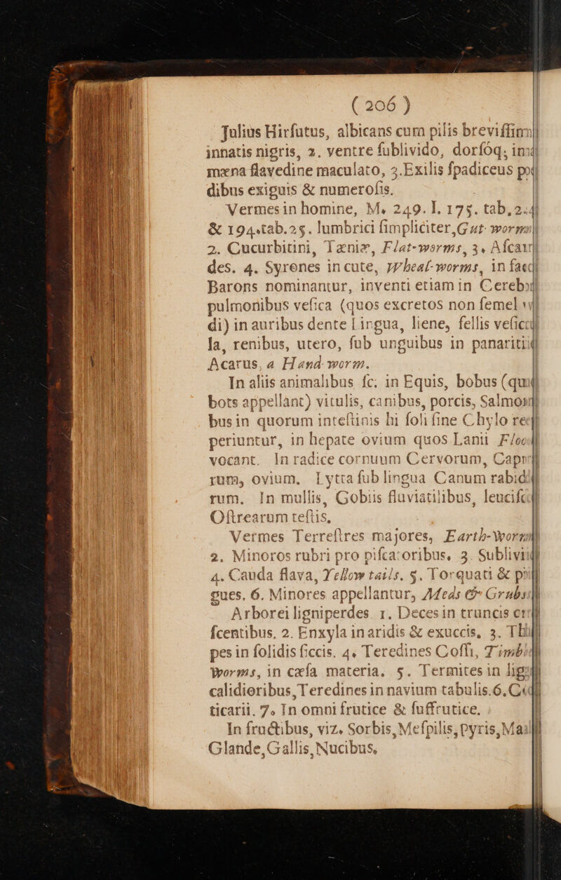 eue Tulins Hirfutus, albicans cura pilis breviffinm innatis nigris, 2. ventre e fü bl ivido, dorfóq. in: dibus exiguis &amp; numerofis. &amp; 194.tàb.25 T. ulmonibus vefica (quos excretos non femel: c2 Acar us,a H ama orm. In aliis animalibus fc; in Equis, bobus (qu lant) dpi canibus, porcis, Salmoi 1inteftinis hi foli (ine Chylo re Lo libe nnmeaHniar )KNy 1713 0yY f ^ vocant. inj radice cornuum Cervor 1mm, Capt Y tte e de die ses de PCR: Td yum, oyium, Lytrafubliogua Canum rabid rum. In mullis , 6 obiis fluviatilibu , leucifc Vermes Lites májores, Eartb-Worz 2. Minoros rubri pro pifcaroribus, 3 Sublivi 4. Cauda flava, Yellow tails. $. Torquati &amp; pi pues. 6. Minores appellan tü t, 7Meds € Grubi Arborei lignipe erdes. r, Decesin Pipe Ct $&amp; Ícentibus, 2. Enxyla inaridis &amp; exuccis, 3. Tb Yrorms, in cafa materia, 5. Termites in lig calidieribus, Teredines in navium tabulis.6. C« In fructibus, viz. Sorbis, Mefpilis,pyris, Glande,Gallis, Nucibus, —e— » ——— t