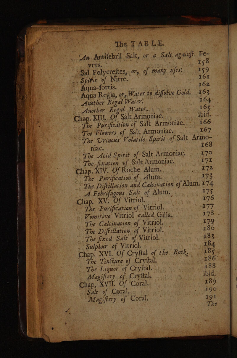 wo ae + WETS... 158 “+ Sal Polycreftes,.o7, of many ufes: 159 _. Spitit of Nivre. ith 16% ) 162 Aqua Regia, 9”, Water to diffolve Gold. 163 Another Regal Water. : 164. {Another Regal Water. : 165 Chap. KUL, Of Salt Armoniac. ibid. Phe Purification of Salt Armoniac.. > 166 “The Flowers of Salt. Armoniac. 167 The Urinous Volatile Spirit of Salt Armo- ola. ue 168 The Acid Spirit of Salt Armoniac. 170 The,fixation of Salt Armoniac. 171 Chap. XIV. Of Roche Alum. Bane ig 2 <The Purification of Alum. 172 The Diftillation aud Calcination of Alum. 174 A Febrifugous Salt of Alum. - 175 Chap. XV. Of Vitriol. eh 176 —“ The Purificatian of Vitriol. 177 Vomitive Vitriol called. Gila, 175 . The Calcination of Vitriol. . 179 Lhe Diftillation of Vitriol. 180 <The fixed Salt of Vitriol. 183 | Sulphur of Vitriol. 184 Chap. XVI. Of Cryftal of the. Rock. 185 The Tinttare of Cryftal. 186° The Liquor of Cryttal. a eon Magiftery. of Cryftak. ) ibid. Chap, XVIL Of ‘Coral. } 189 Salt of Coral, nk FO Magifiery of Coral. ae eo The