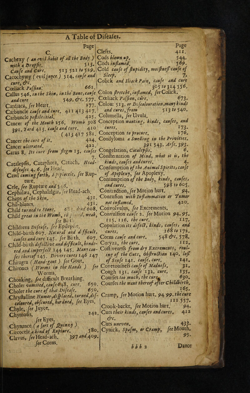 C. Page Cachexy ( An evil habit of all the Body ) jff^ith a Dropfe, 5^3* Caufe and cure, 513 52p.lCold caufe of flupiditjj moifinef caufe of ^ ^ • / • _ \__ _^ Cacoebymy f ^^vUjuyce ) 5 ^4, caufe and cure^ &c, Coeliack Faffton] Clefts. Cods blown Cods inflamed. sleep, 7* Colick and iliack Pain.y caufe and cure 365 f(?3i4 556. Callus 546, in the Skint intheBoncjCauJe f^oXou. fretcht^infiamedy fee Coiick., andcure 545>. 577- Coeliack Paffion, cure. pZ. Heart 277 ,Co\om $12, or D;[colourationtinany kinds SnndJcaufeandcure. and cures Jrom' 5X3^^540. Carbuncle425. Columella,Uvula. Cancer of the Mouth 2^6, Womb Conct^uonwantingy ktnds^ caujeSy and 291, Tard 0^13. cau[e and cure, 410' cures, I73* ^ 41 j 41-7 581. Conception iy6. Cancer the cure of it, 4h! Condyloma 4 SweUing in the Privities. Cmcet ulcerated. 4^^.' 39t Arfe. 393. Cams 8. its cure from flcgmi^, caufes Congelation, o, y, Confternation of Mindy what it is, the Cataleplis, Cataphora, Catoch, Head-^ kinds^ caufes and cures, 4, difeafes 4. 6. fee Head. j Confumption of the Animal Spirit s^ caufe Cawl cminl forth, hpfUcelc, fee Rup- _ of Af of lexy, fee Apoplexy. ture. Cele, fee Rupture and 5 4^* Cephalaea, Cephalalgia,Head-ach. Q\iZ^s of the skin, 43 x Chil-blanes. 43 x. Conlumption^/^)&c kinds^ caufes, and cures. ^9% to 60^. Contiad:ion,/cc Motion hurt, ^4. Contufion with Inflammation or Tumor not inflamed. 4^ child turned to Stone. 6'8 ? dead 608. Convolvulus, fee Excrements. Child mat m the Womb., tit f teed, tveak, Convulfion caufe 2. fee Motion 94.9S. * /ccBkt ). 113. 116. the cure. 117. Childrens Di/eafe, fee Epilephe. Copulation its defeB, kinds, caufes, and ChM-hM->6o-j. Natural and difficult, cures. j 68 to 172. caufes andcure 145. fee Birth. 607. Corns cattle and cure. 548 &c. 578, Ch:\\l-h\sthdefeaiveanddfficult,hinde- Coryza, the cure. 112. red and imferha 144 145. Uanfcau- Coftivenefs from dry Excrements, roul~ fes thereof IDivers cures la^C 147 ing cf the Gutsy Omrultion lop, lofl Chiragra ( Hand-gout ) fee Gout. ! of Senfe 141. caufe, cure. 14c Chironcs (Worms in the Hands ) fee CovttouCnek caufe of Madnefs. 3^* Worms Cough 131. caufe 132. cure, 135, Choaking, fee difficult Breathing. Courfes too much, the cure Choler vmitedy caufe ^48. . 650. Courfes the want thereof after ChtUhtrth. ChokT^ the cure of that Difeafe. 6^0 r • l Chryftalline Humor,diff laced, turnedydif Cramp, fee Motion hurt, ^4 pp. the cure colouredyobfcuredyhardned, fee'Ey^s, | r \a - Crook'backt, Motion hurt. p4 242. Chyle, fee juyee. Chymofis, fee Eyes, Chynance { a fort of Sipinzy ) Circoceie 4 kind of Bupture. ySo. Clavus,/<re Head-ach. 391 tittd 0^09. fee Corns. Cuts their kindsy caufes and cures ^ 412 &c. Cuts uneven, 433*' Cynick, Spafmy orCrampy yjrtf Mouth. 5>5. bbb Dance 1 ■Ill , i