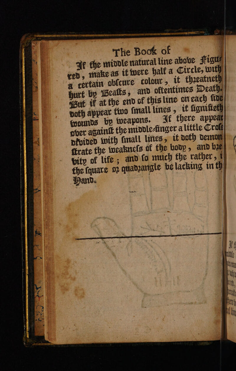 Neh fo Se the mivole natural line above Figu⸗ eed , make as it were halt a Circle, with a certain obſcure colour , it threatneth re by Wealks, and oftentimes Death ait if at the end of this line on each ſide doth appear two (mall lines , if lignilieth (mounds by weapons. If there appeat} ober againit the middle⸗inger a little Crofe nfvined with finall lines, it noth demon frate the weakneſs of the body, ard bre bity of life. and fo mtich the rather, i the fquare 92 quadzangle be lacking in th and. le | ame Ae
