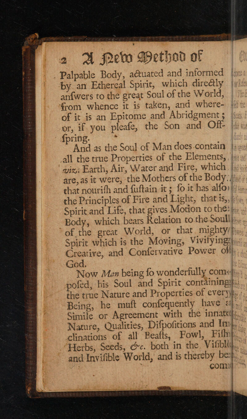 -Palpable Body, aétuated and intormed |i by an Ethereal Spirit, which directly | anfwers to the great Soul of the World, from whence it is taken, and where- of it is an Epitome and Abridgment 5 or, if. you pleafe, the Son and OFF f{pring. . And as the Soul of Man does contain }; all the true Properties of the Elements, , }y ii wiz; Earth, Air, Water and Fire, which . }j\y; are, as it were, the Mothers of the Body jin) that nourifh and fiftain it ; fo it has “if 1 the Principles of Fire and Light, that ts,,):%), Spirit and Life, that gives Motion to the? }yy Body, which bears Relation to the Soul}... of the great World, or that. mighty/iy. Spirit which is the Moving, Vivify in geht, Creative, and Confervative Power olf; Being, he muft confequently have &lt;j, |