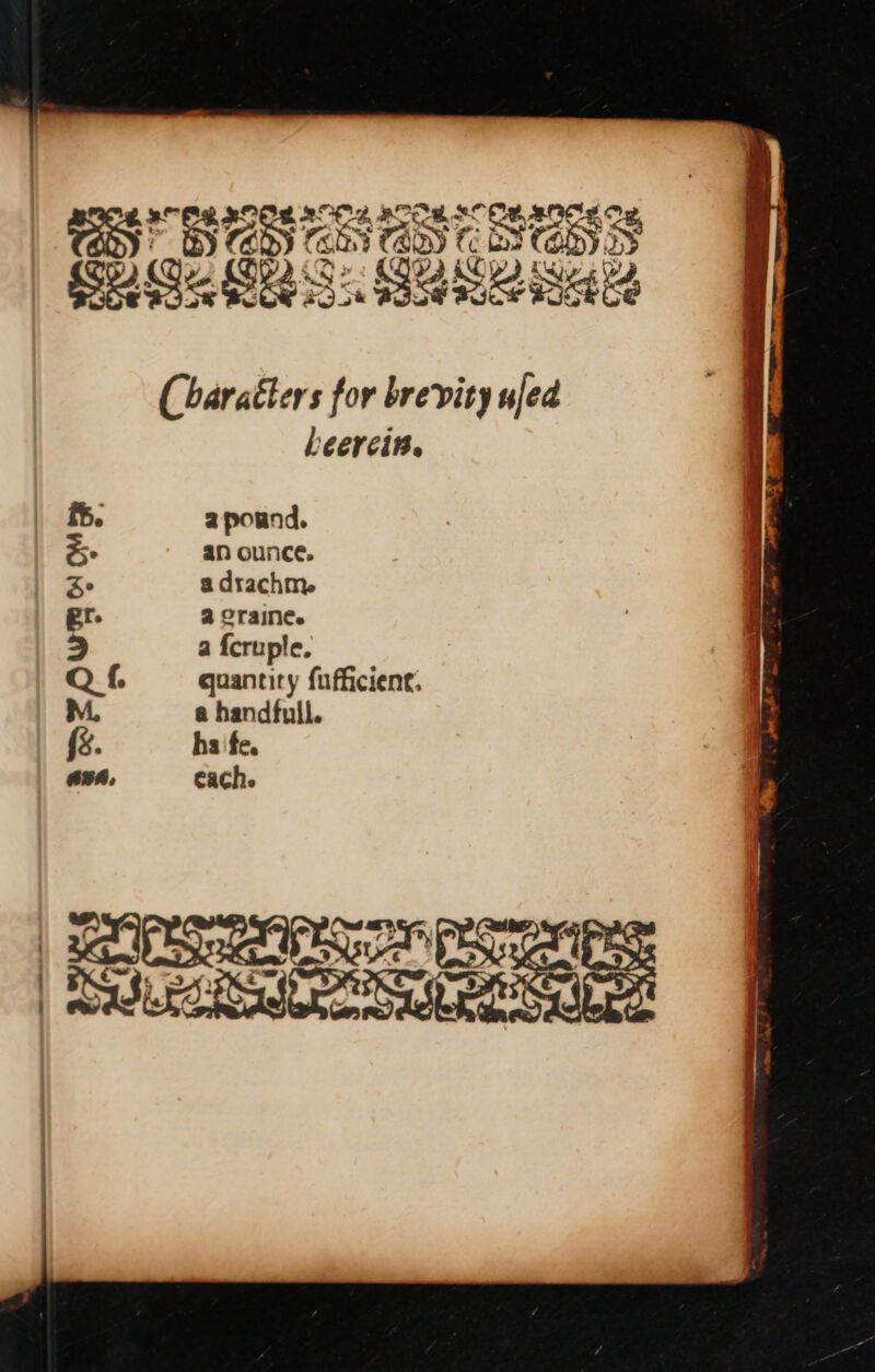 Poe TAs) t DN OBS SS Ri Ss BERG RAS DAS (Characters for brevity ufed beercip. f. a pound. He an ounce. Ze a drachm. gr. a oraine. 3 a {cruple. Q f. quantity fufficient. M. a handfull. {g. ha fe. ABA, cach. | OPES UE PEs Estertenctonce