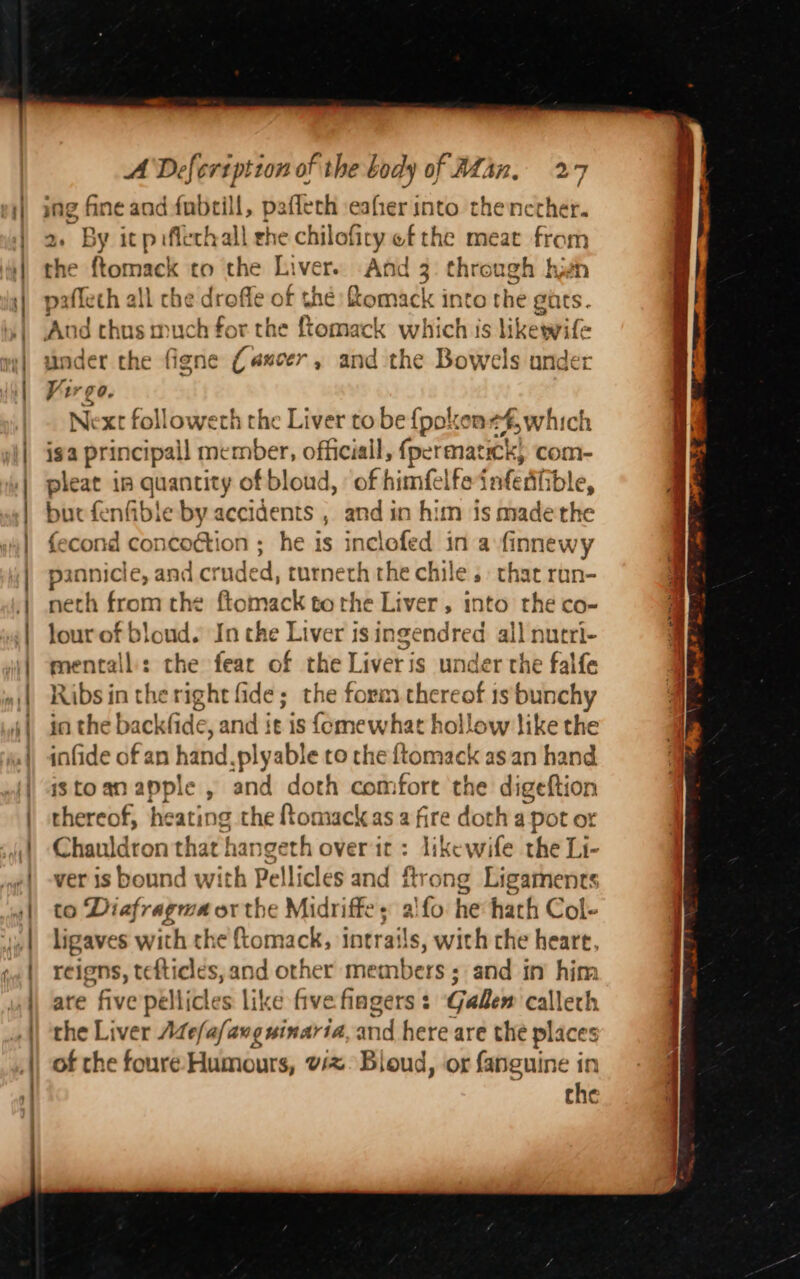 By it piflechall rhe chilofiry ef the meat nae he ftomack to the Liver. And 3. through hit ; ’ { : 5 pafleth all che ane of thé &amp;omack into the hts. under the figne (aucer, and the Bowels ander pk Next followeth the Liver tobe {pokene#, which Daepiicipel ot mber, officiall, fpermatick, con eee in quantity of bloud, of himfelfeinfed ble, buefenfible by accidents , and in him is made the fecond concoétion ; he is inclofed in a finnewy pannicle, and crude ry turneth the chile, chat ran- neth from the ftomack to the Li rer, into the co- lour of bloud. In the ats mblecndted all nutri- yrentellis the fear of the Liveris under the falfe Ribsin the right fide; the form thereof 1s bunchy in the backfide, and § it is {omewhat hollow like the infide ofan hand. .plyable to the ftomack as an hand istoan apple , and doth comfort the digeftion thereof, he ating the Romack as a fire doth a pot or Chauldron that hangeth overt : likewife the Li- ver is bound with Pellicles and ftrong Ligaments to Diafragma or the Midriffe+ a'fo he hath Col- ligaves with the ftomack, intrails, with che heare, reigns, tefticles, and other members; and in’ him are five pellicles like five fingers ¢ Gallen calleth, the Liver Ade{a/ang winaria and here are the places of the foure Humours, w/z. Bloud, or fanguine in